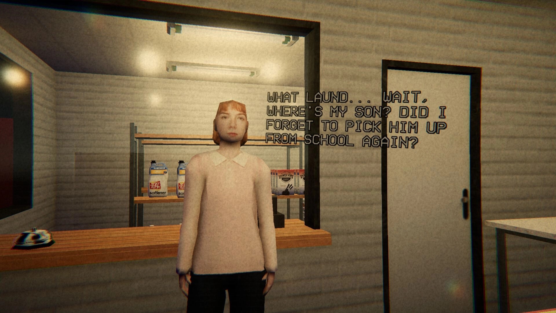 Dirty Laundry: Worried woman NPC with dialogue text stands at laundromat counter by supply shelves.
