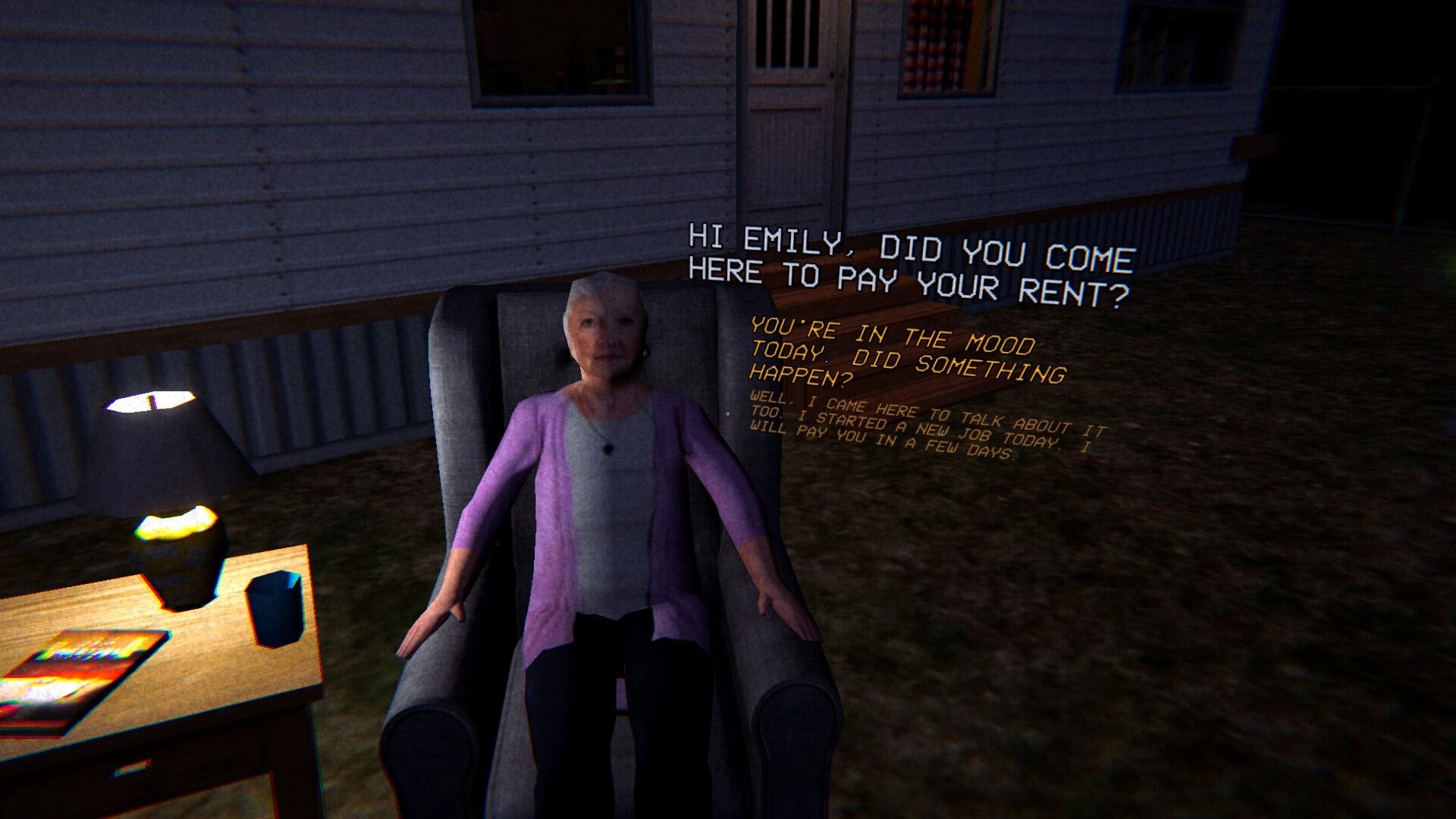 Dirty Laundry: Dialogue with elderly woman in armchair outside trailer, rent question text overlay.