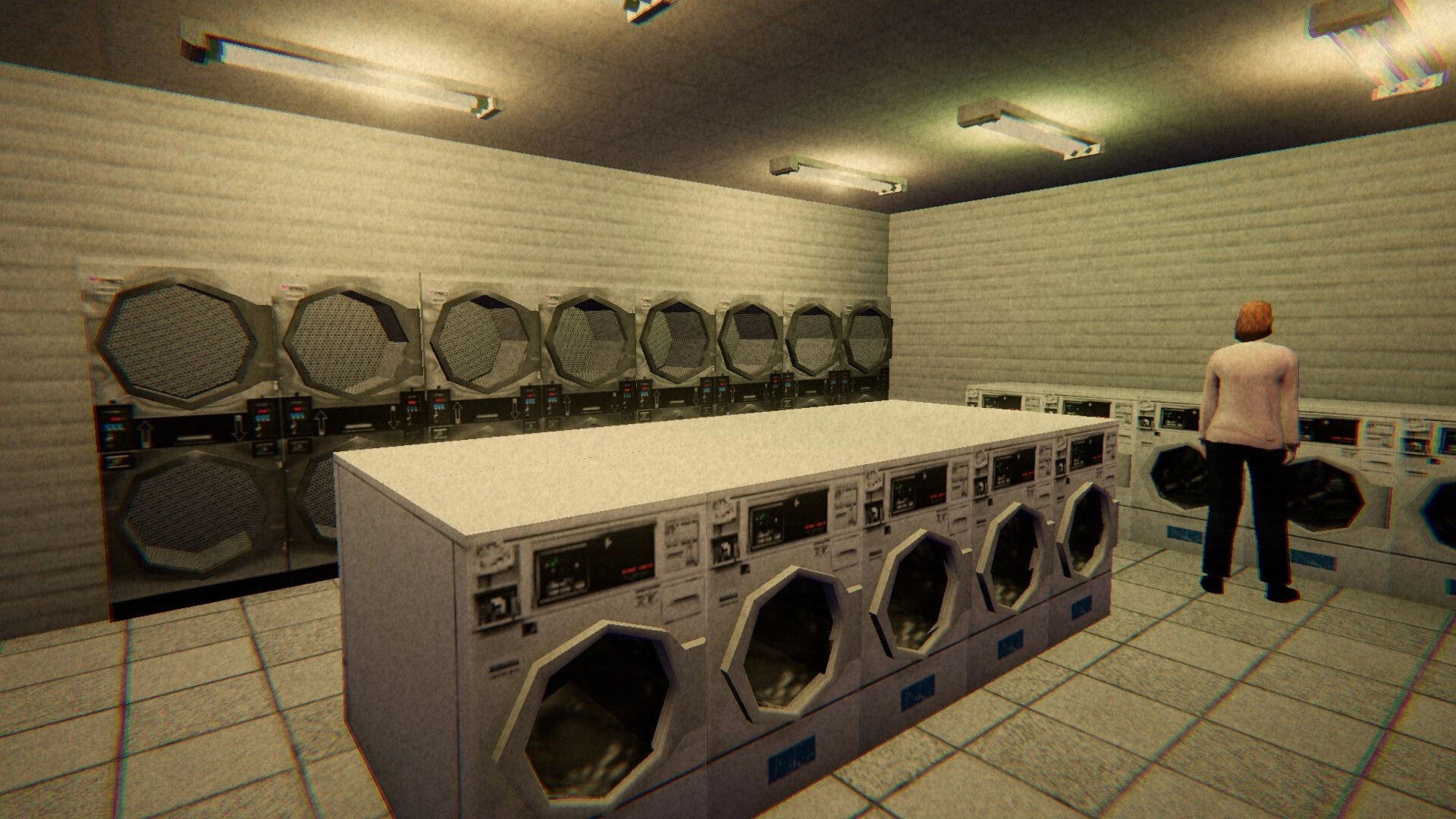 Dirty Laundry: Woman stands by washers and dryers in a stark laundromat with long folding table.