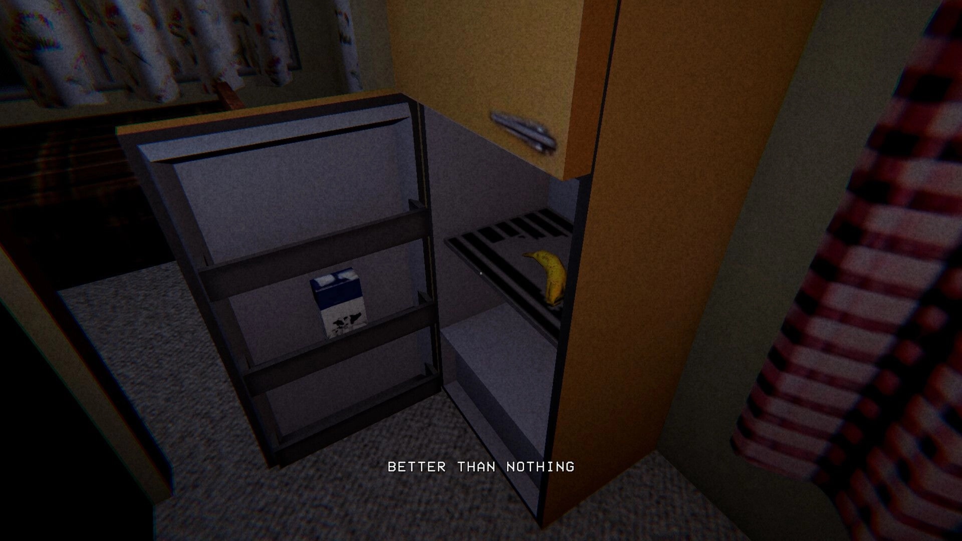 Dirty Laundry: Open mini fridge with milk carton and banana, caption "BETTER THAN NOTHING" on screen.