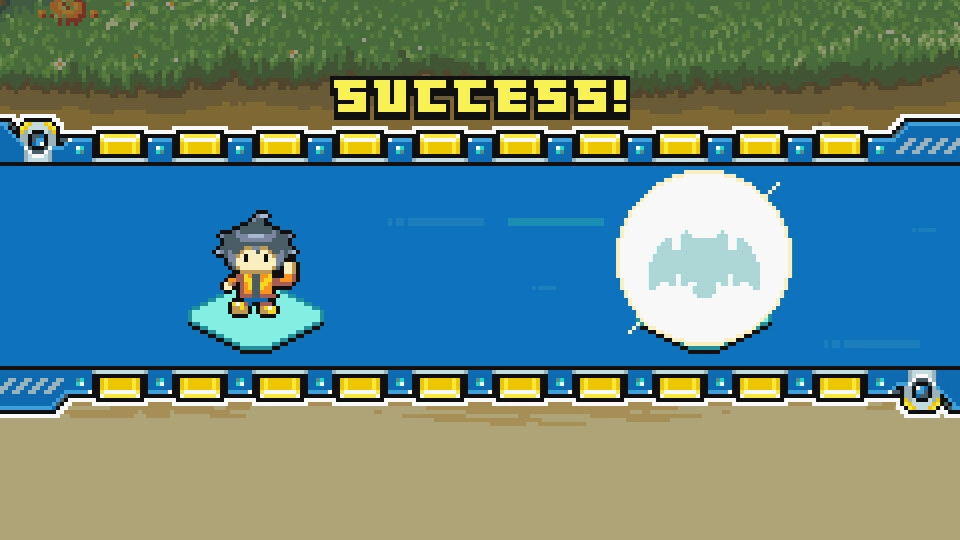 Disc Creatures WORLD: Success result screen with trainer sprite and creature silhouette on blue panel.