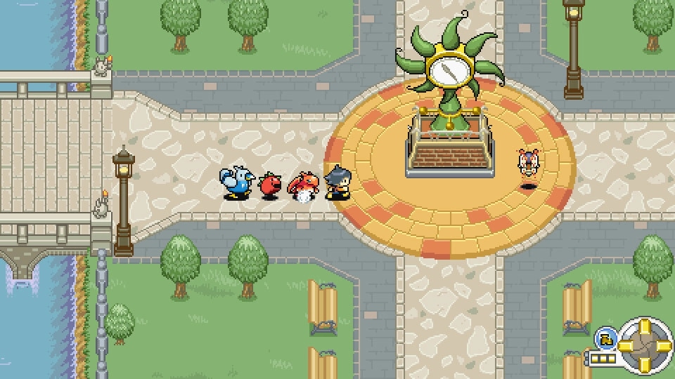 Disc Creatures WORLD: Player walks with three creatures past sun statue fountain in town plaza paths.