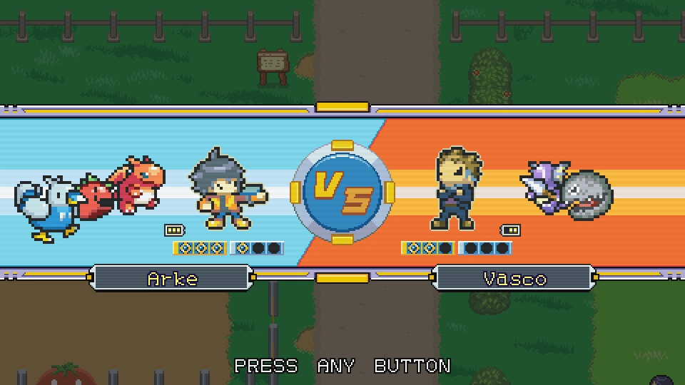 Disc Creatures WORLD: Versus battle screen Arke vs Vasco with two creatures each on split arena UI.
