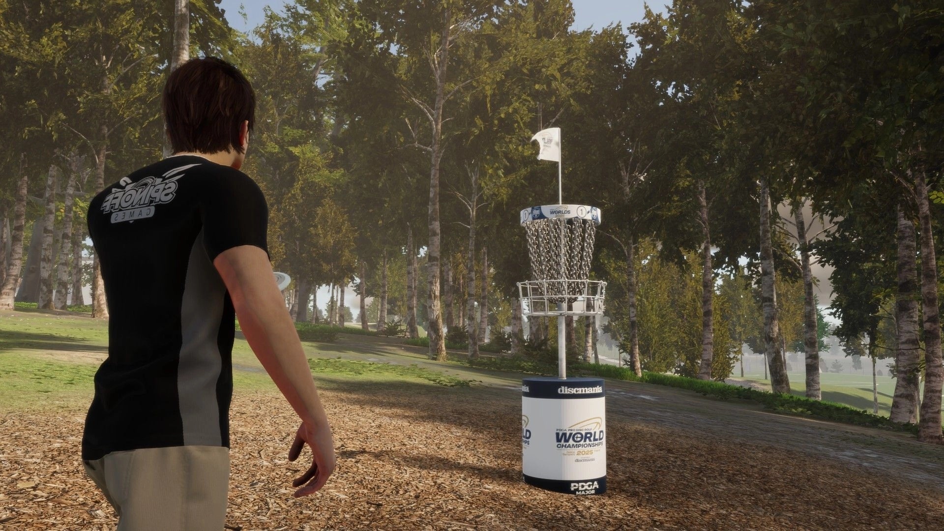 Disc Golf Masters: Player aiming disc towards basket in a sunny forest setting
