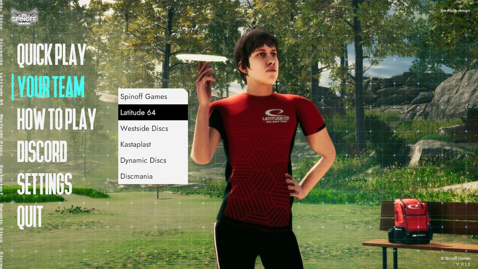 Disc Golf Masters: Player holding disc in forest with menu options for team selection visible