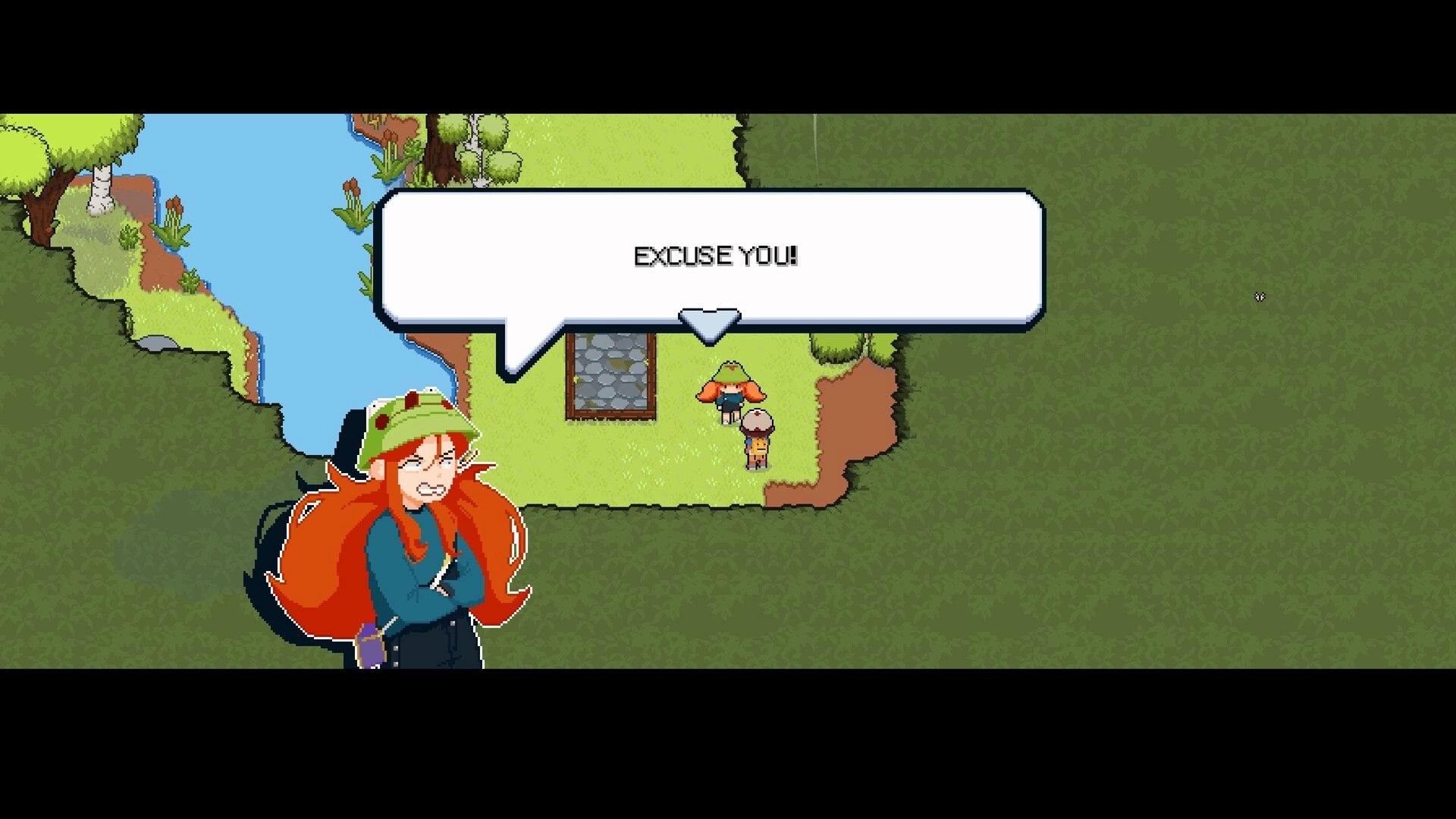 Disc Out!: Angry red-haired NPC interrupts with “EXCUSE YOU!” dialogue on grassy riverbank path.
