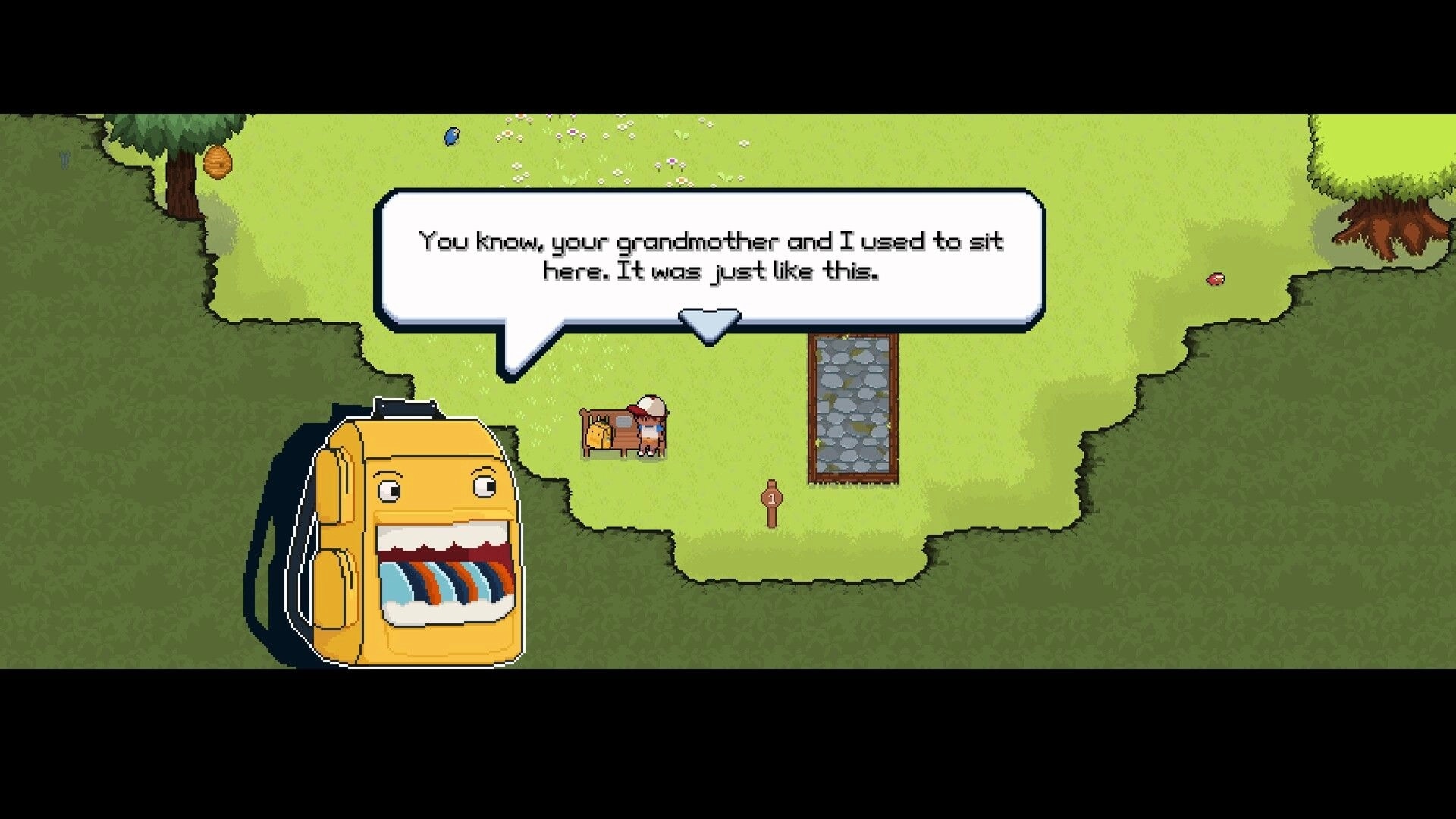 Disc Out!: Dialogue scene with player on a bench by a stone path in a grassy park, Cary portrait UI.