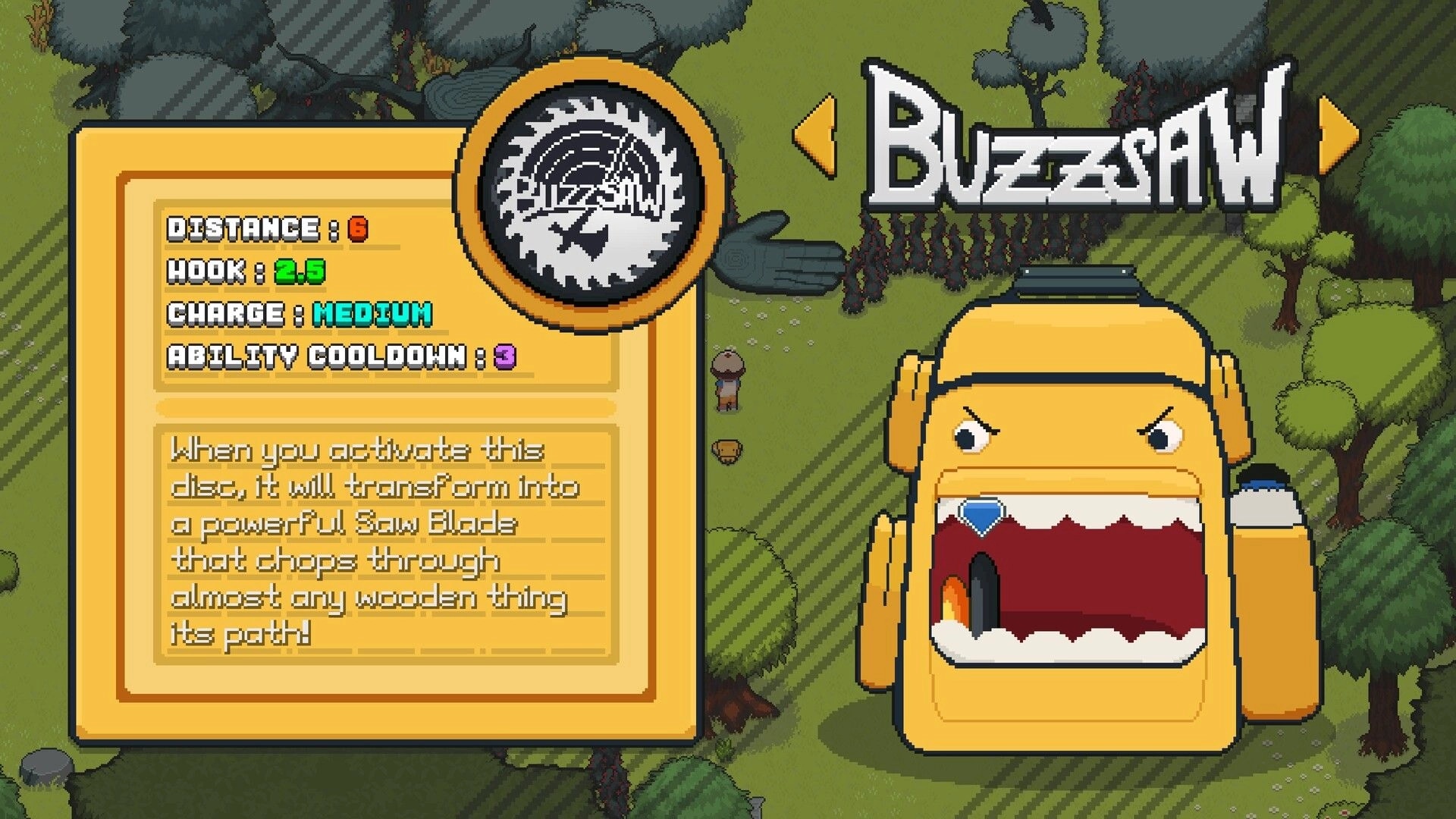 Disc Out!: Buzzsaw disc info panel with stats and description over a forest fairway backdrop.