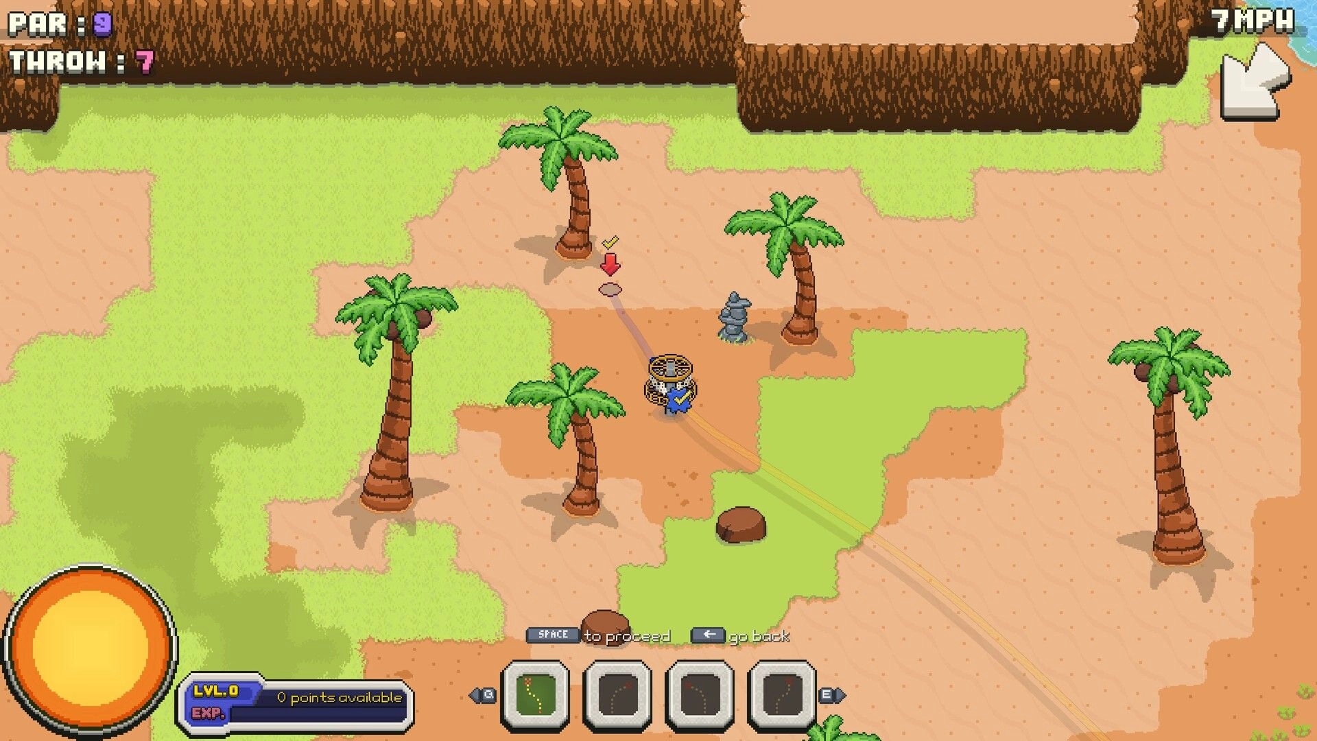 Disc Out!: Aiming a disc throw with trajectory line near palm trees on a sandy fairway, PAR 3 UI.