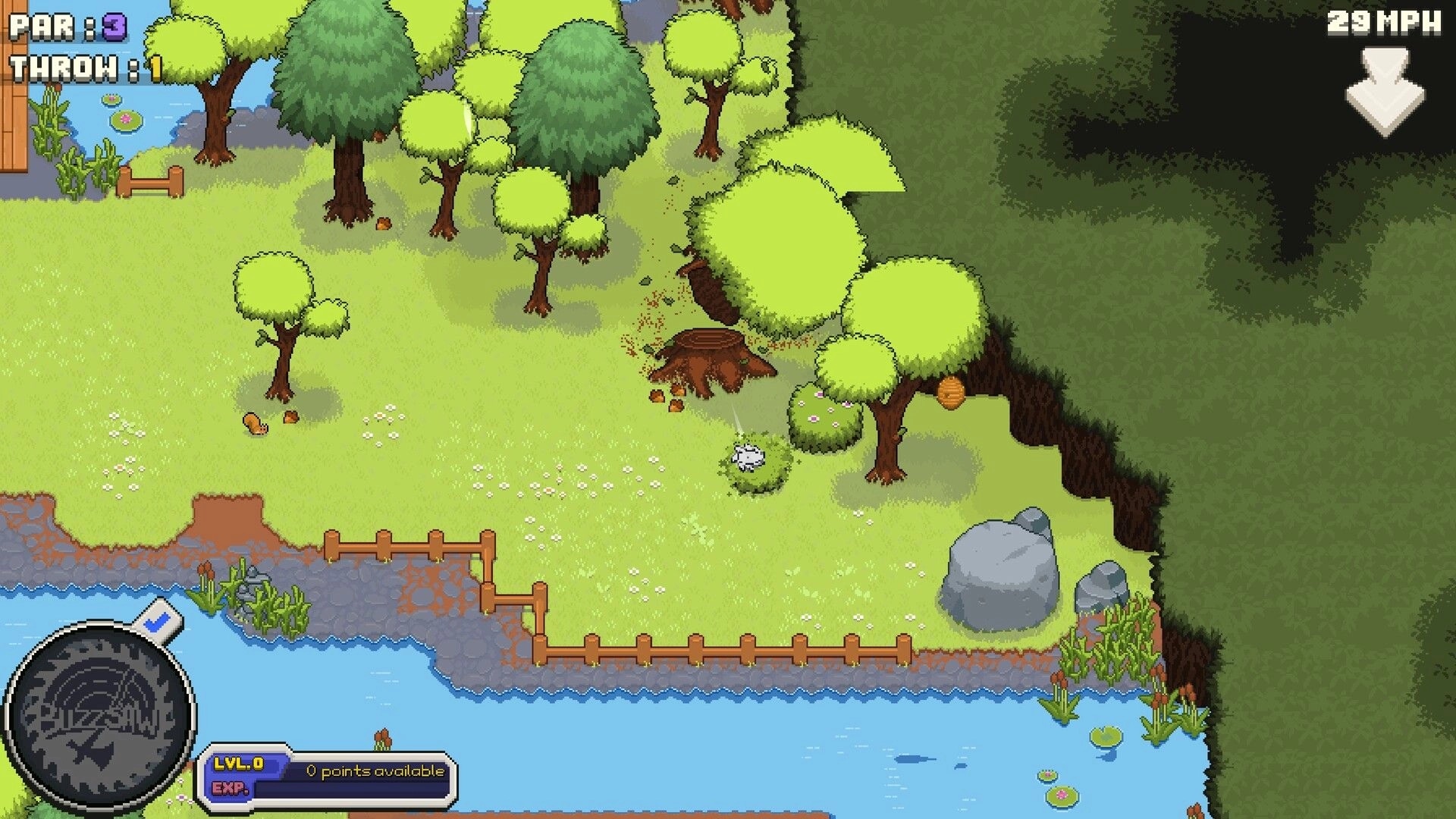 Disc Out!: Aiming a disc on a wooded fairway by a river, with par/throw and wind UI visible.