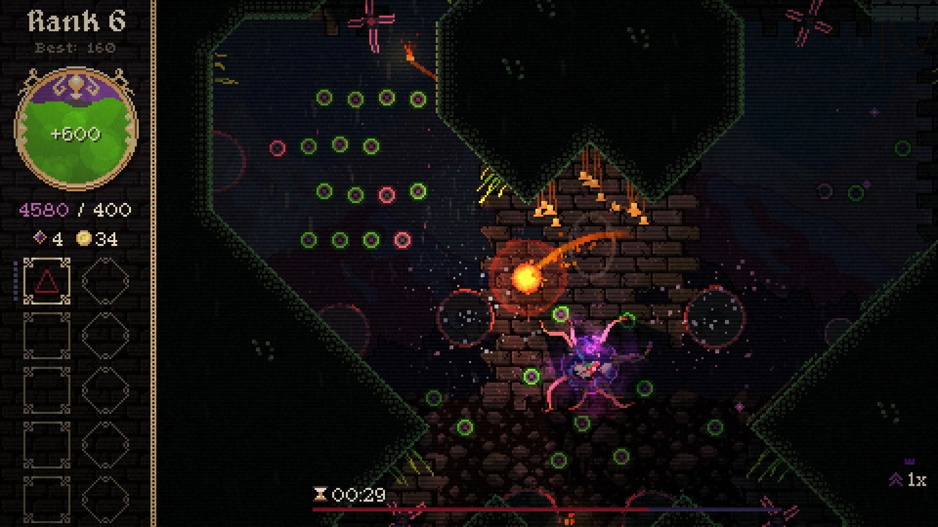 Disciple: Flaming disc ricochets near a horned enemy amid pegs and stone ruins, Rank 6 UI visible.