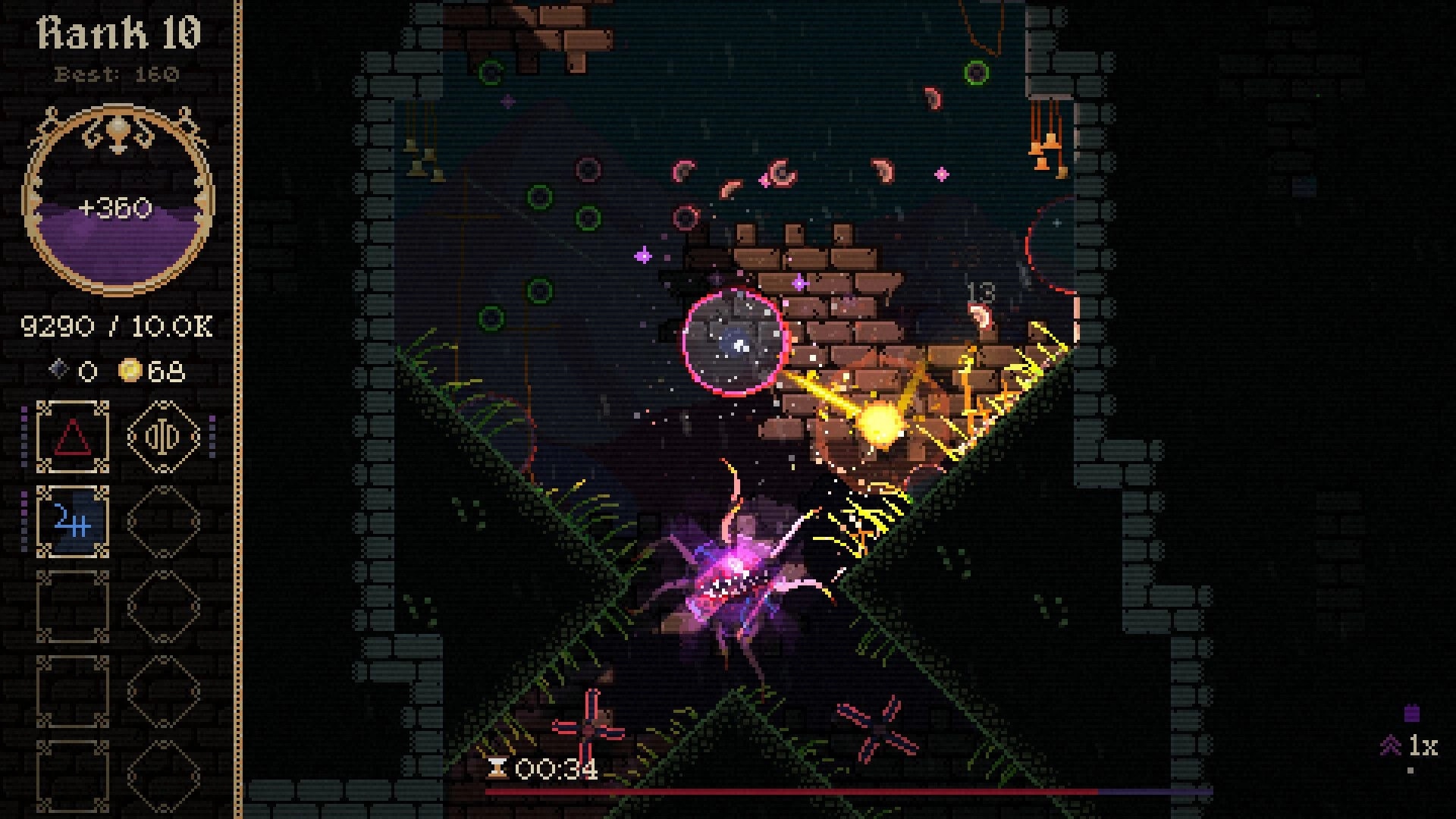Disciple: Orb ricochets past pegs and bricks, blasting a purple monster in a dark dungeon UI.