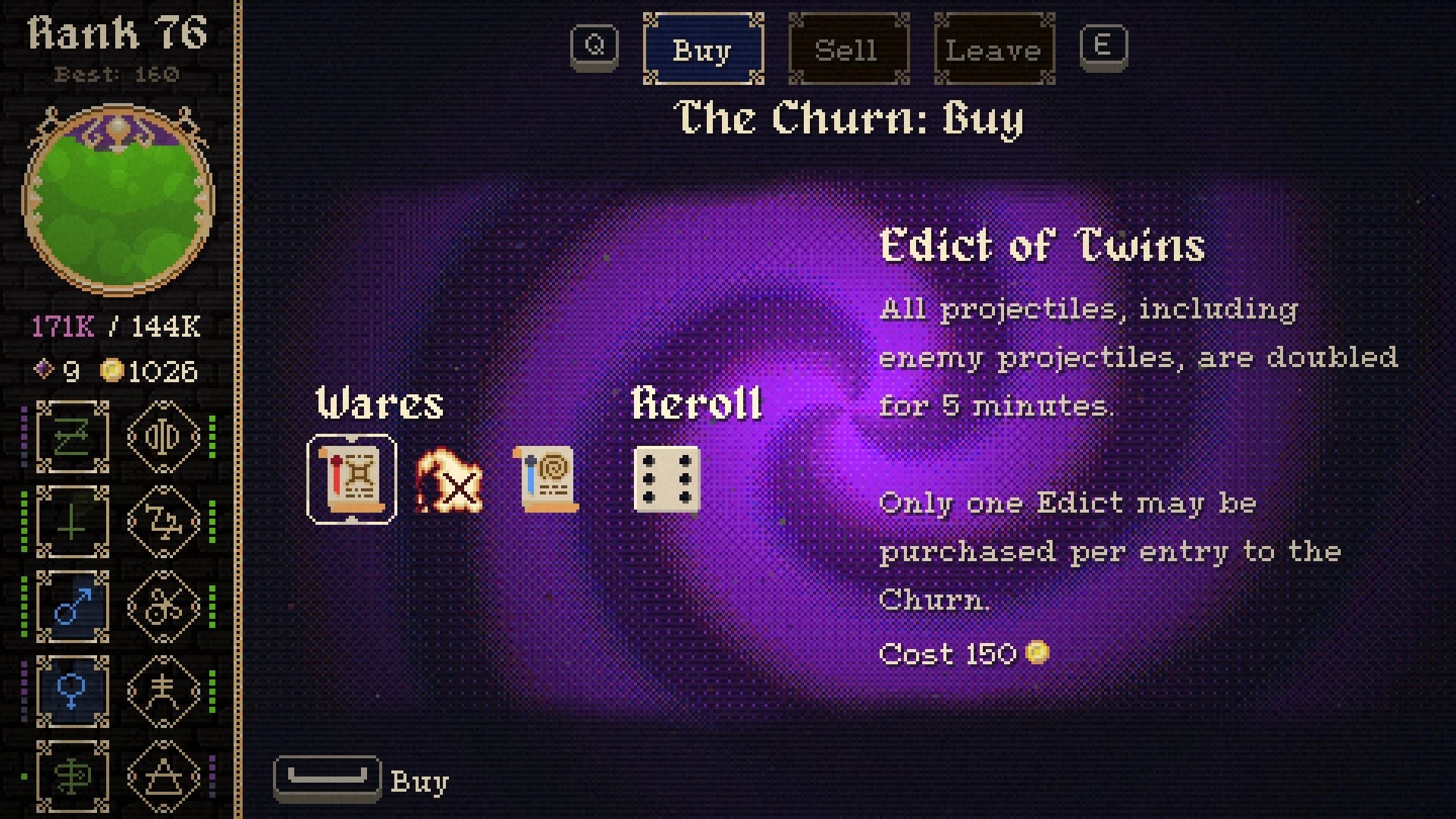 Disciple: Shop menu The Churn: Buy with Edict of Twins details, wares icons, reroll button UI.