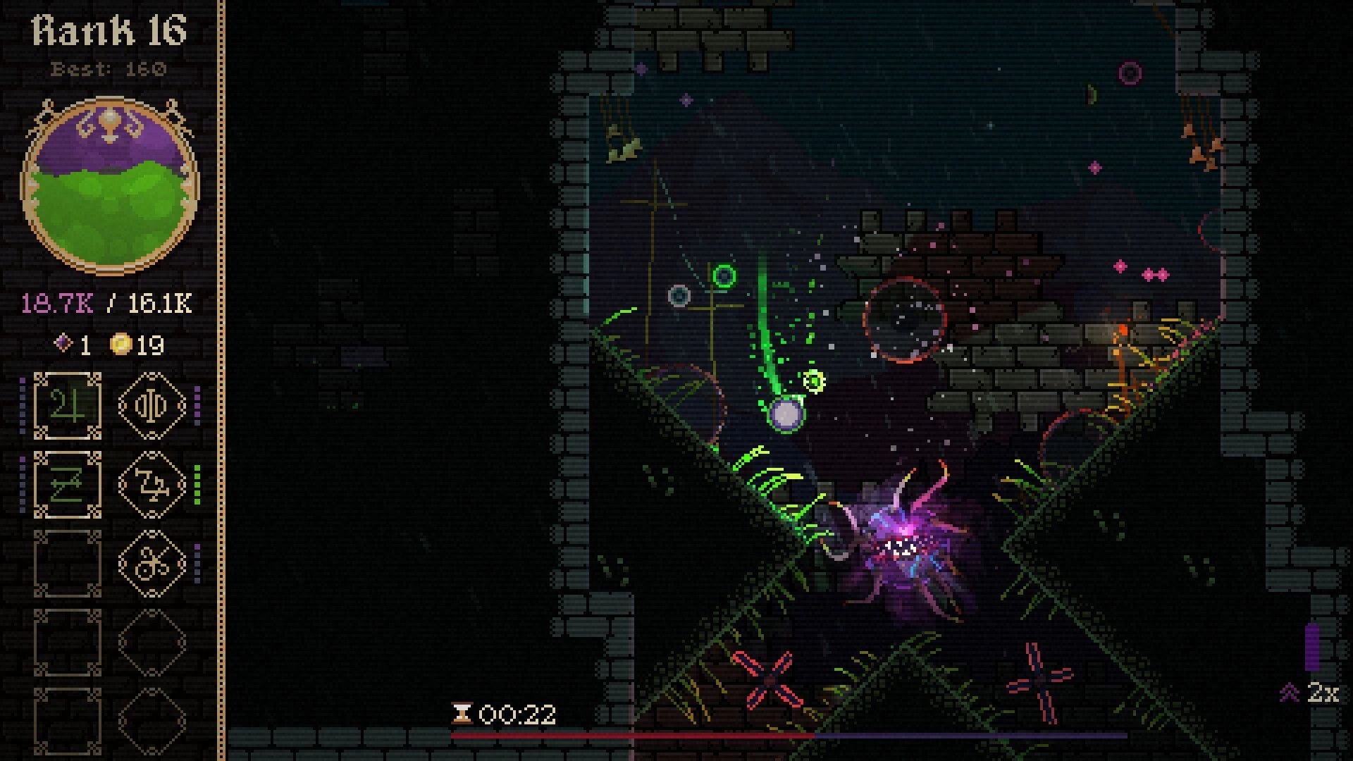 Disciple: Glowing disc ricochets in a brick dungeon arena with rank meter, coins, and timer UI.