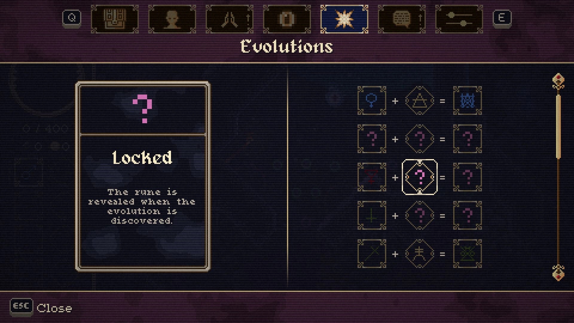 Disciple: Evolutions menu with locked recipe card and icon combination grid on dark parchment UI.
