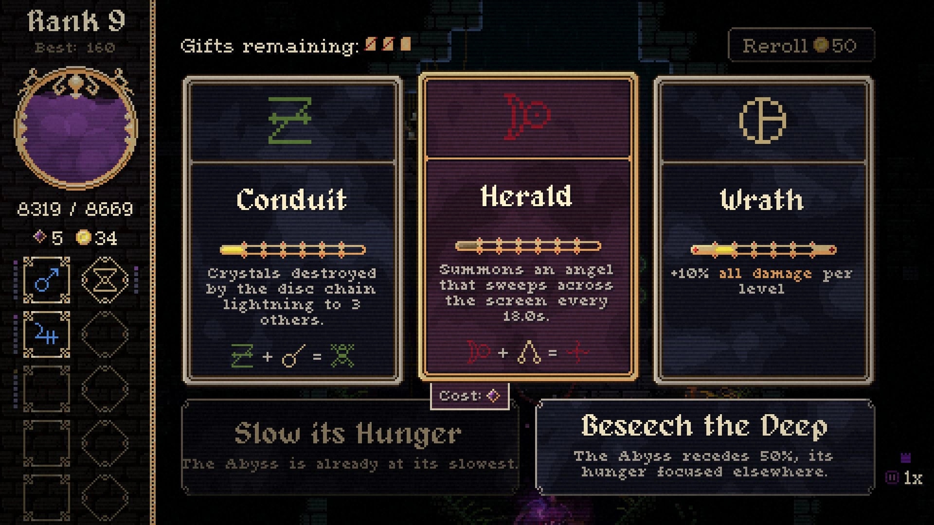 Disciple: Upgrade shop menu with Conduit, Herald, and Wrath cards, plus Reroll 50 button.