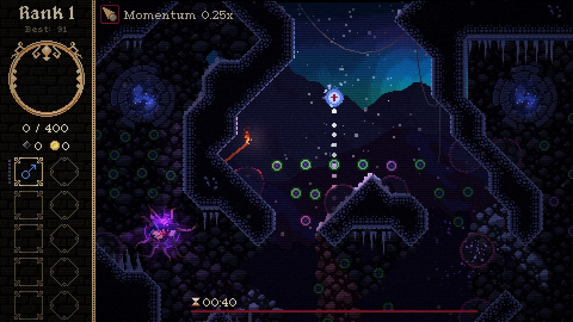Disciple: Aiming a disc at pegs with Momentum 0.25x UI in a dark icy cavern arena level.