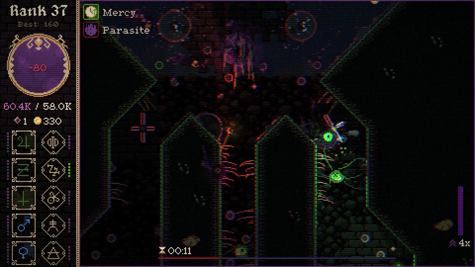 Disciple: Rank 37 run with Mercy and Parasite buffs, disc ricocheting in dark stone maze arena.