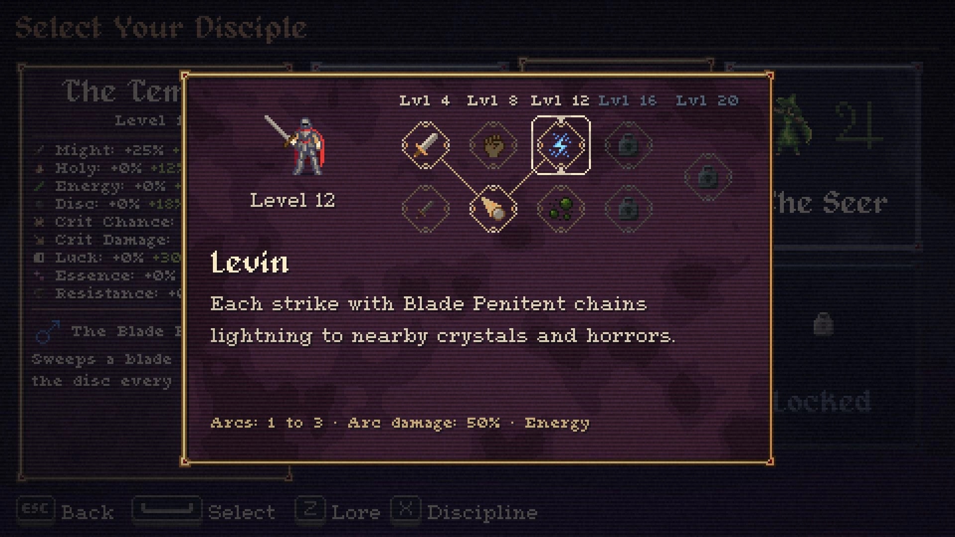 Disciple: Level 12 Levin upgrade tooltip with skill tree nodes on Select Your Disciple menu screen.