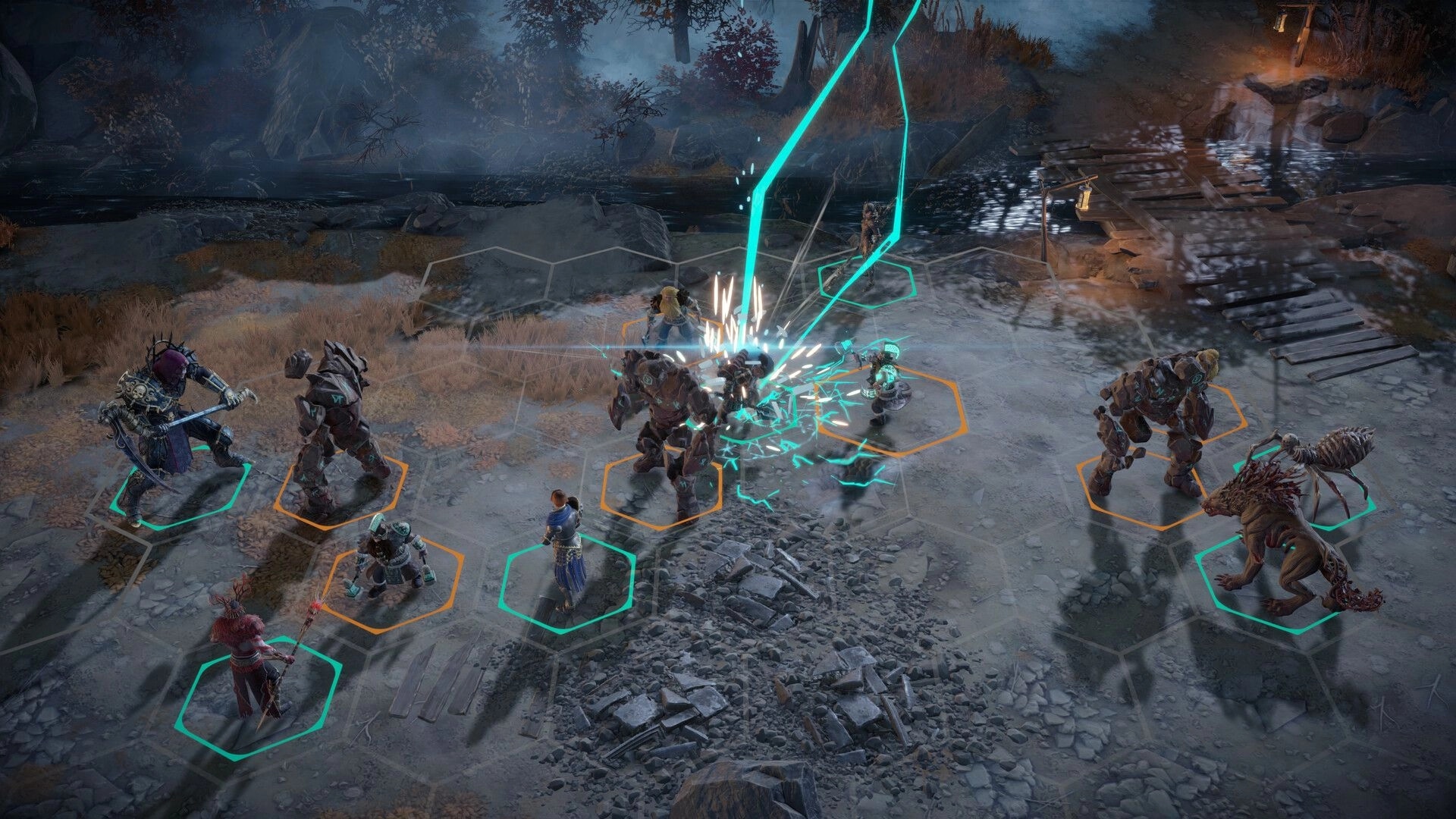 Disciples: Turn-based combat with multiple heroes facing off against enemies on a rocky terrain.
