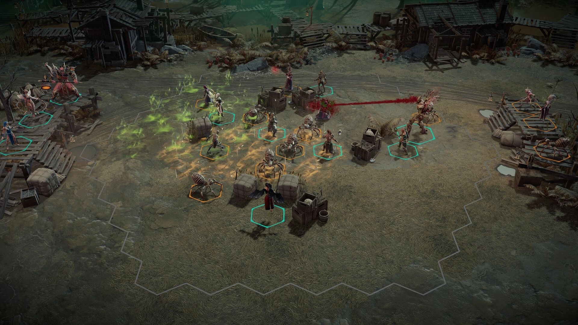 Disciples: Turn-based combat with multiple characters and creatures in a decaying village setting.