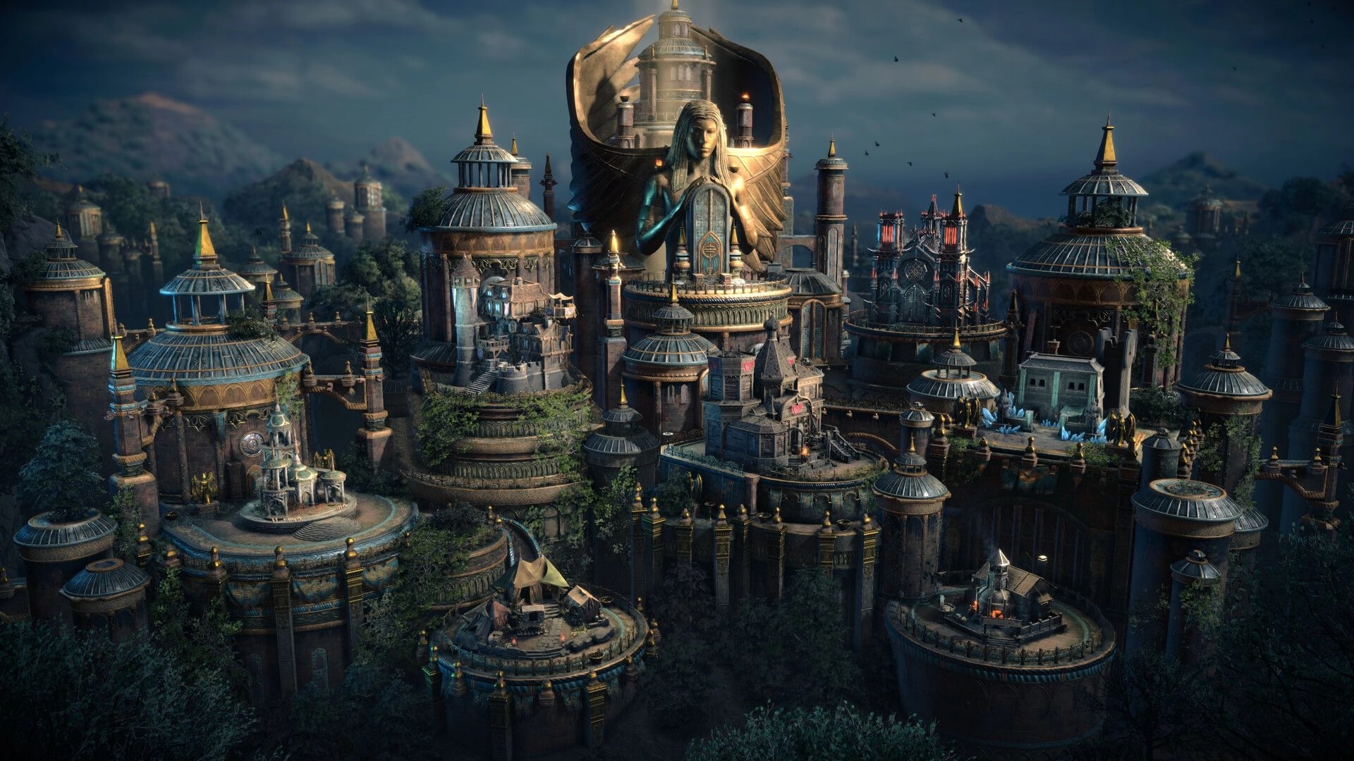 Disciples: Majestic cityscape with towering structures and lush greenery in a fantasy setting.