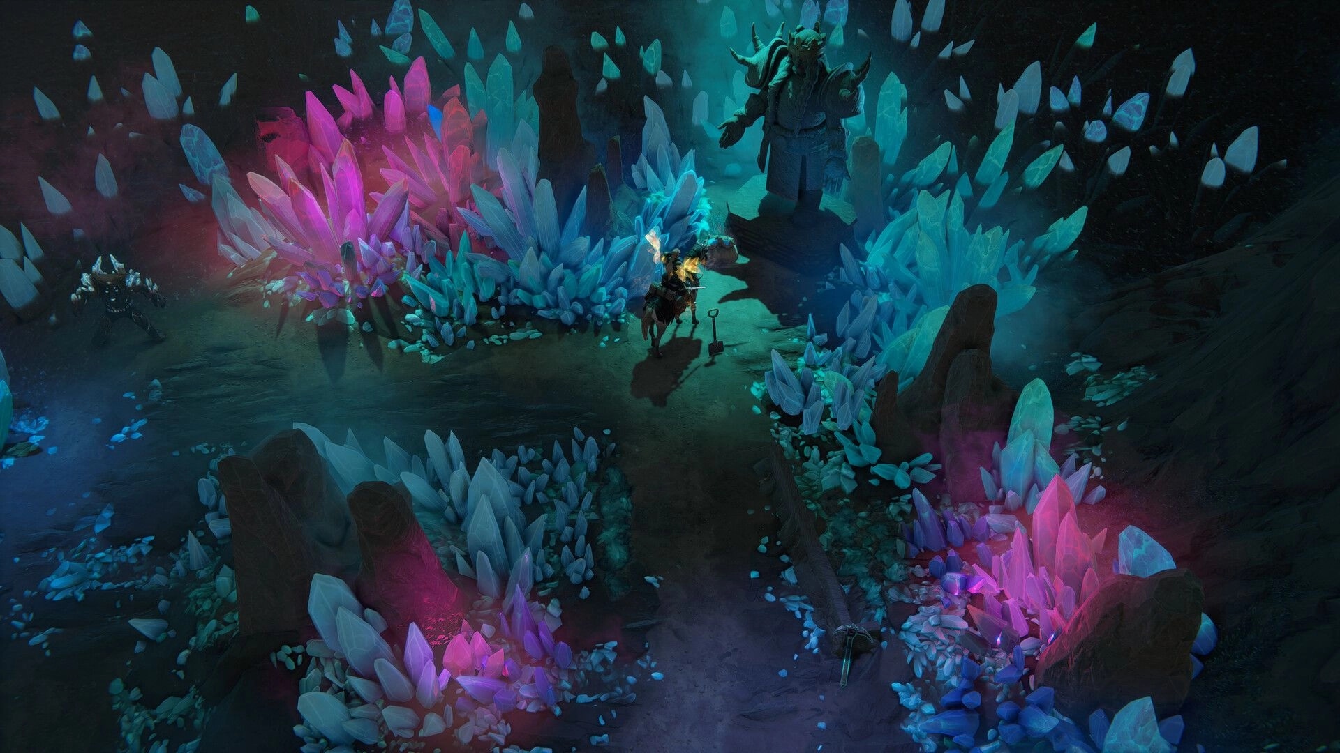 Disciples: Character explores glowing crystal cave with large statue in dark fantasy environment