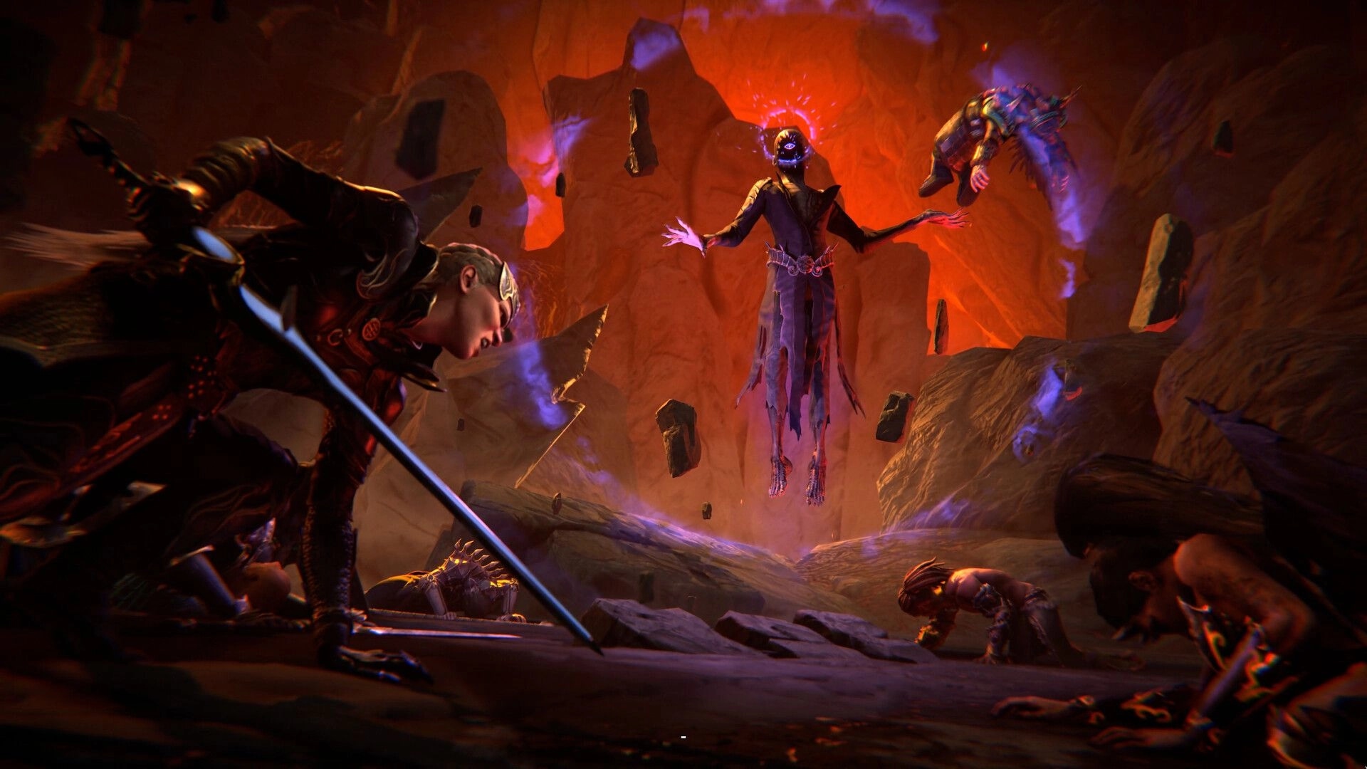 Disciples: Intense battle scene with Avyanna facing a floating necromancer in a fiery cavern environment.