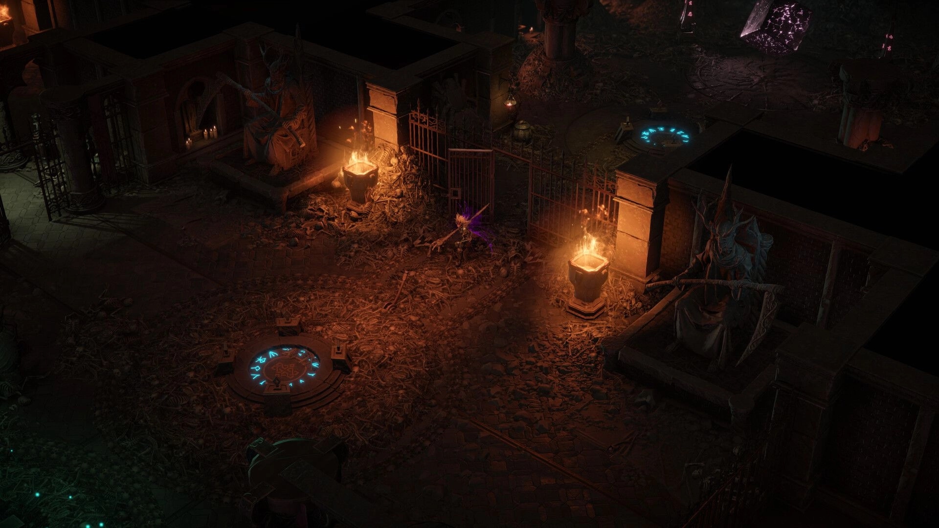 Disciples: Character explores dimly lit dungeon hallway with glowing runes and large stone statues.