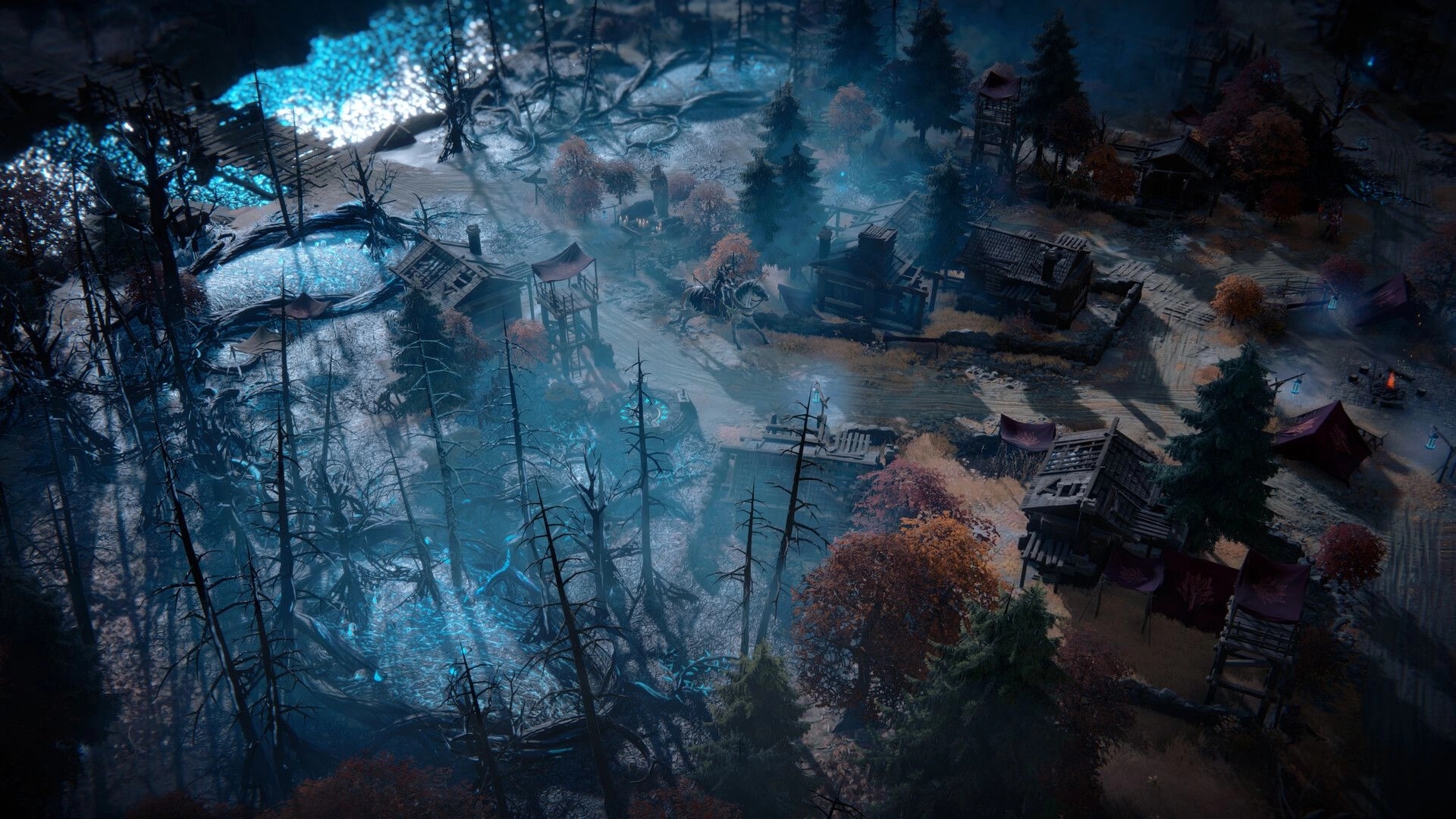 Disciples: Overhead view of a dark, forested village with glowing blue water and desolate trees