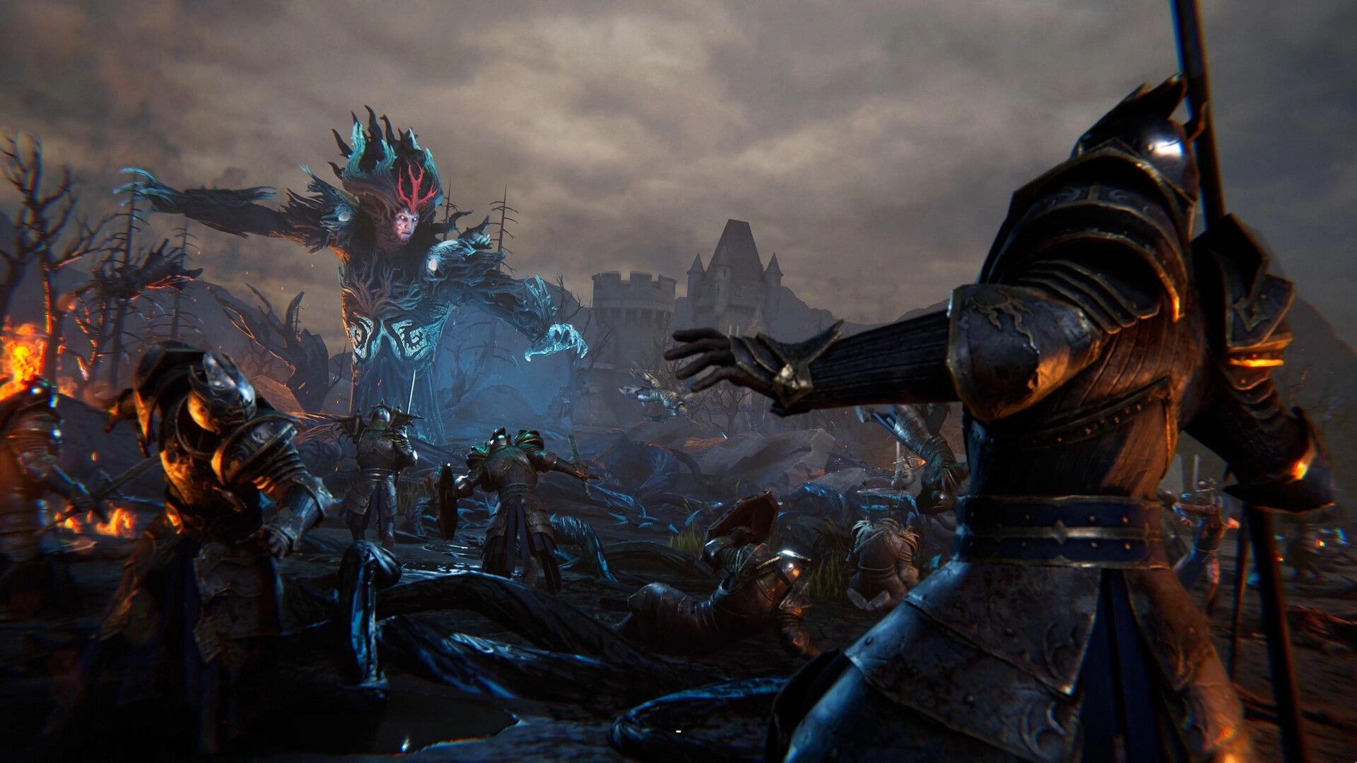 Disciples: Armored warriors engage a colossal creature amidst a desolate, fiery battlefield.