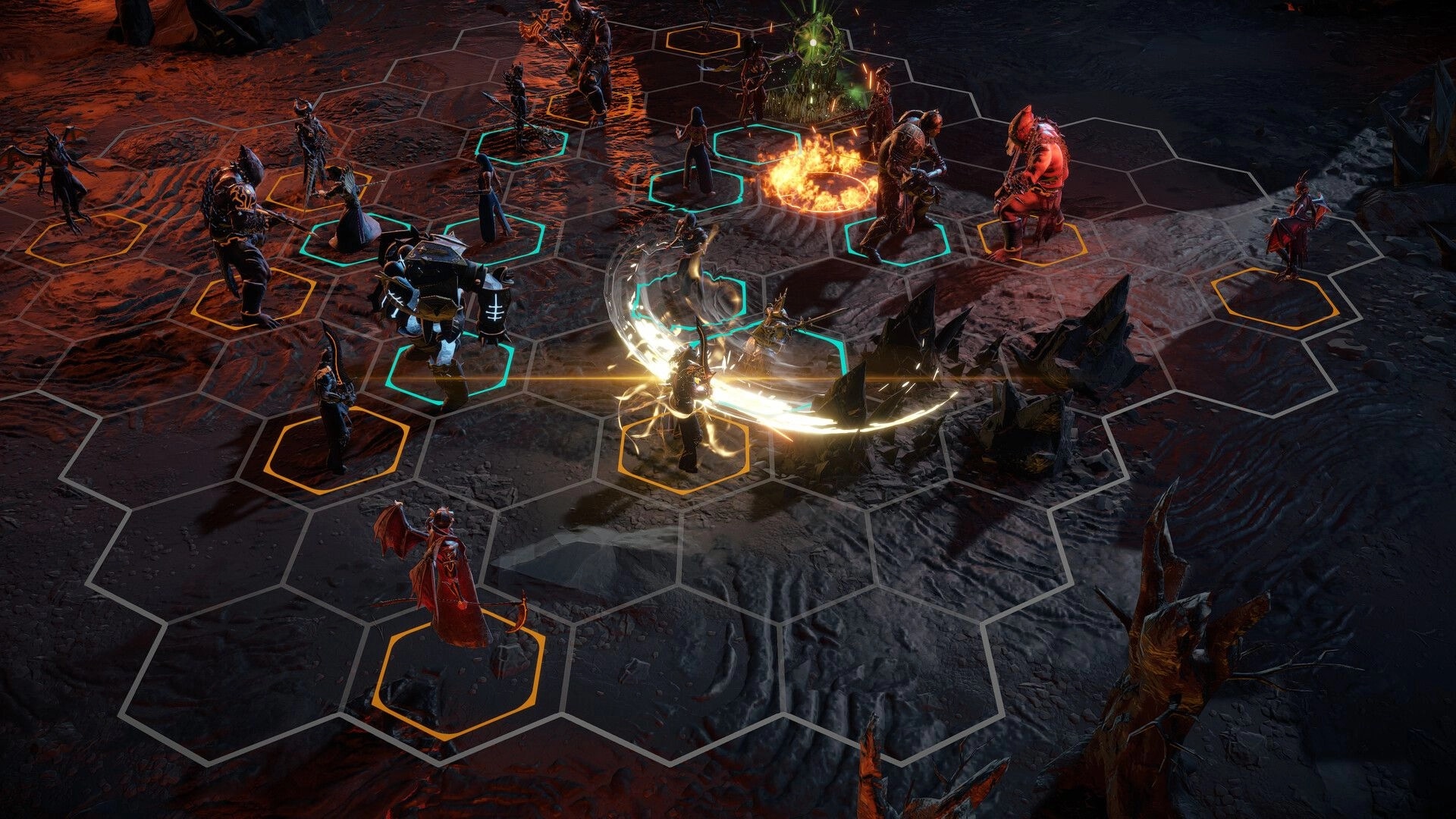 Disciples: Tactical combat with diverse characters on a hexagonal grid in a dark, fiery battlefield.