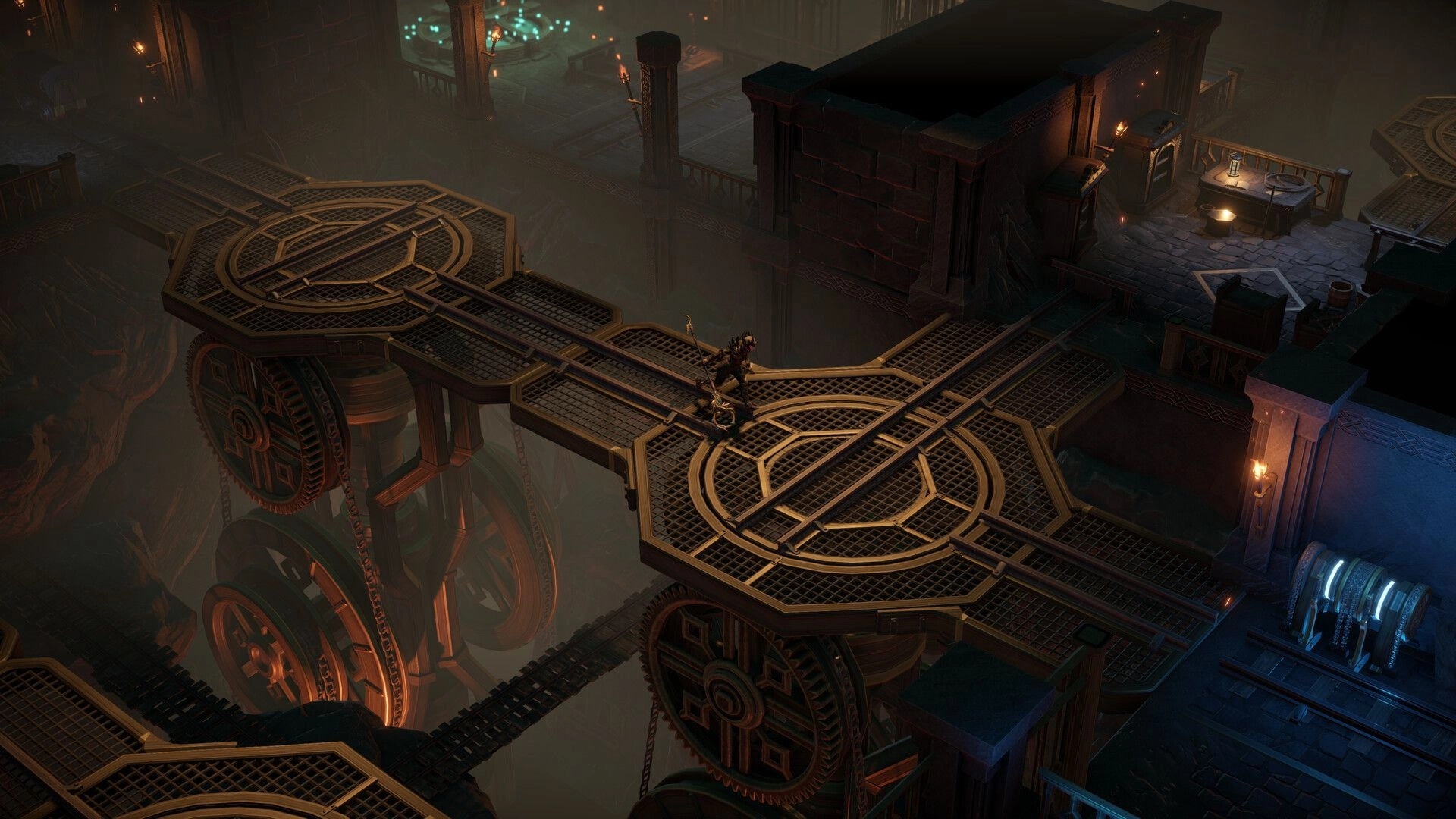 Disciples: Character crossing intricate metal bridge in dimly lit underground chamber with machinery.