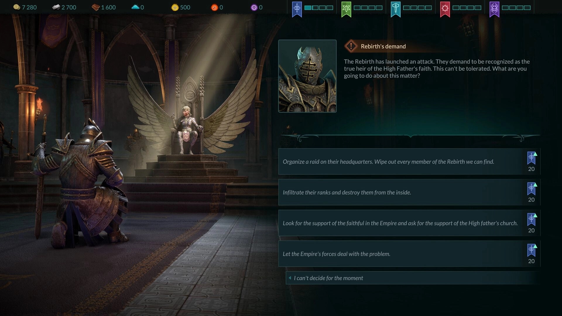 Disciples: Queen Avyanna on throne with knight kneeling, dialogue options for Rebirth's demand visible.