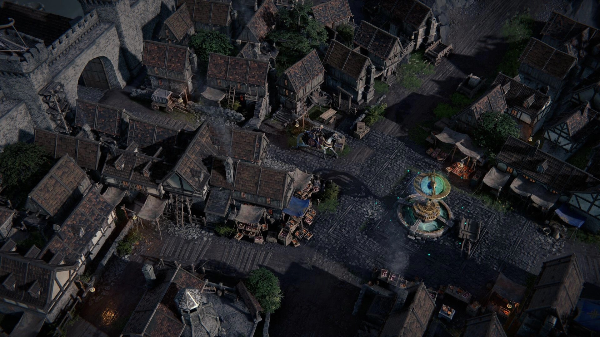 Disciples: Overhead view of bustling medieval town square with market stalls and a central fountain.