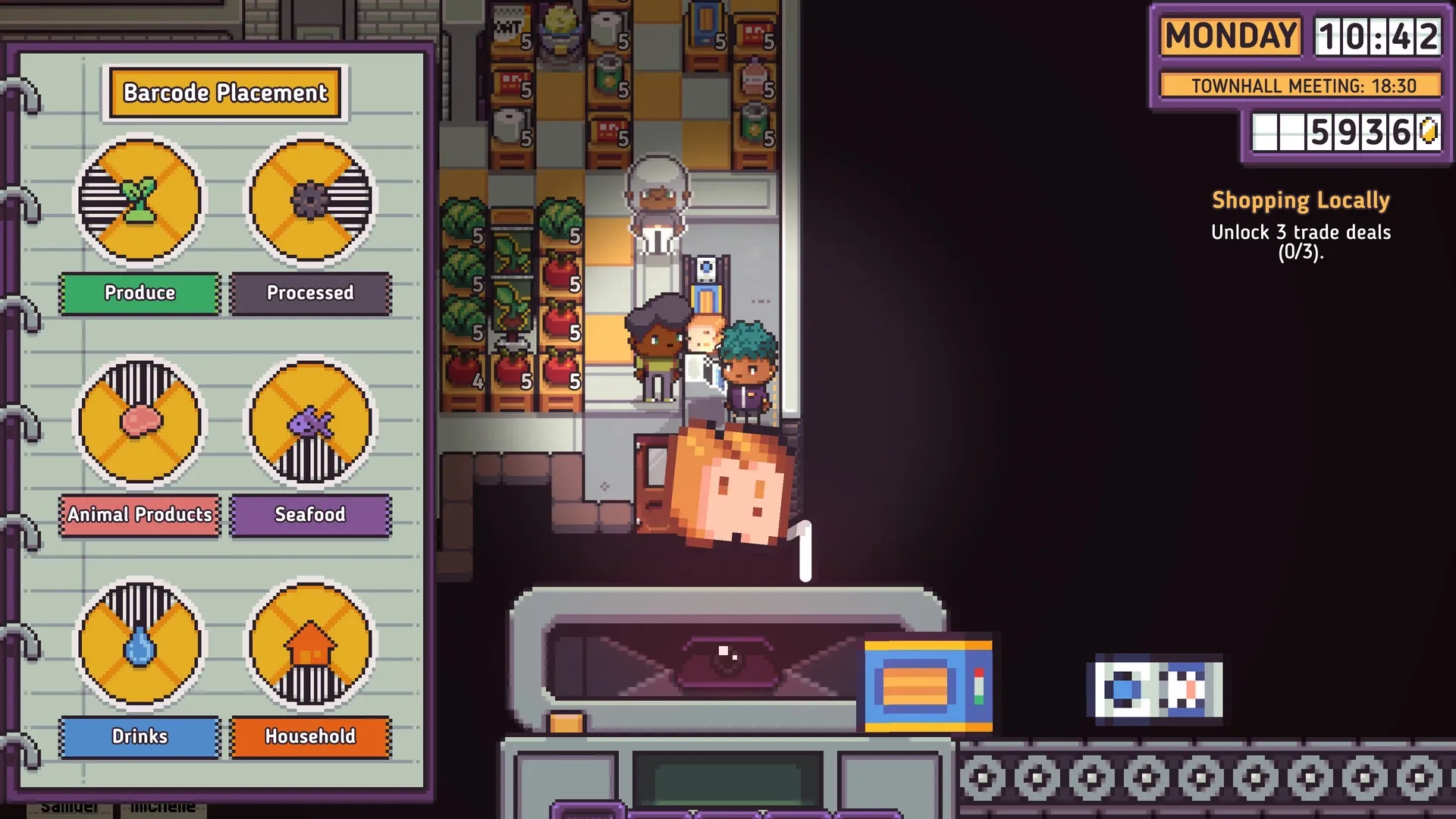 Discounty: Barcode placement menu with produce, seafood, and household categories in supermarket setting