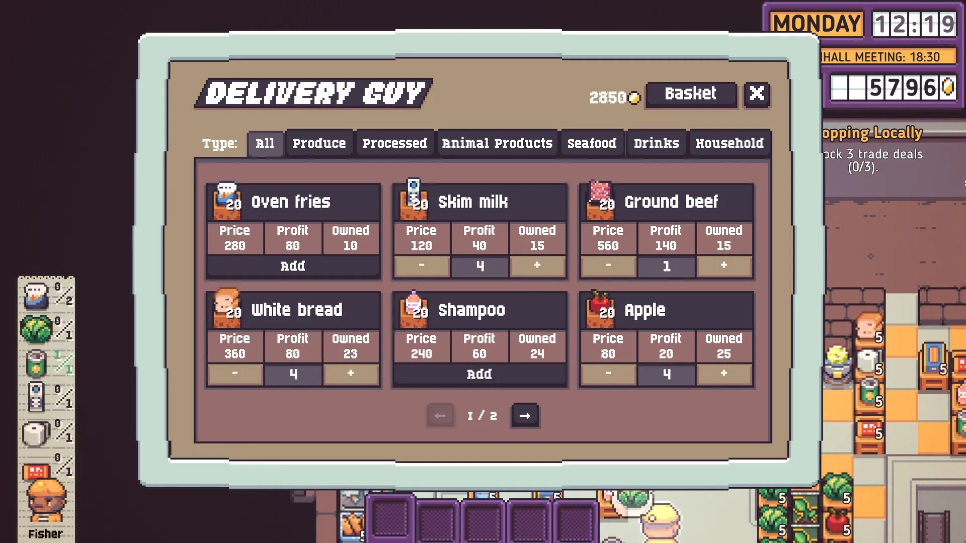 Discounty: Delivery Guy menu with items like oven fries, skim milk, and ground beef in stock list