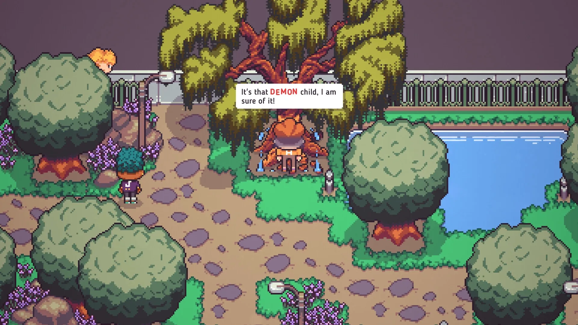 Discounty: Character by a talking tree in a park setting, discussing a mysterious "DEMON" child.