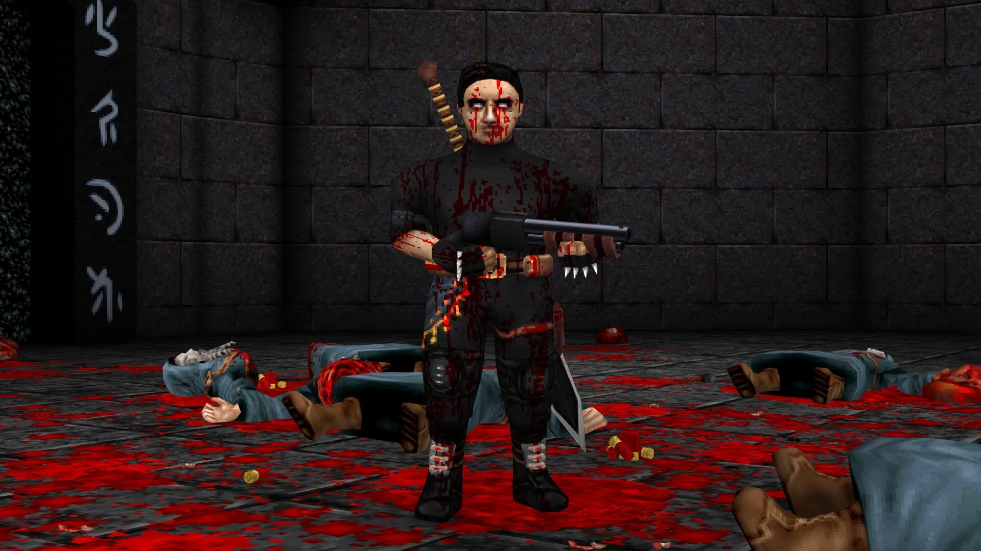 DISDAIN: Bloodied character with shotgun stands over fallen enemies in a dark, rune-inscribed chamber