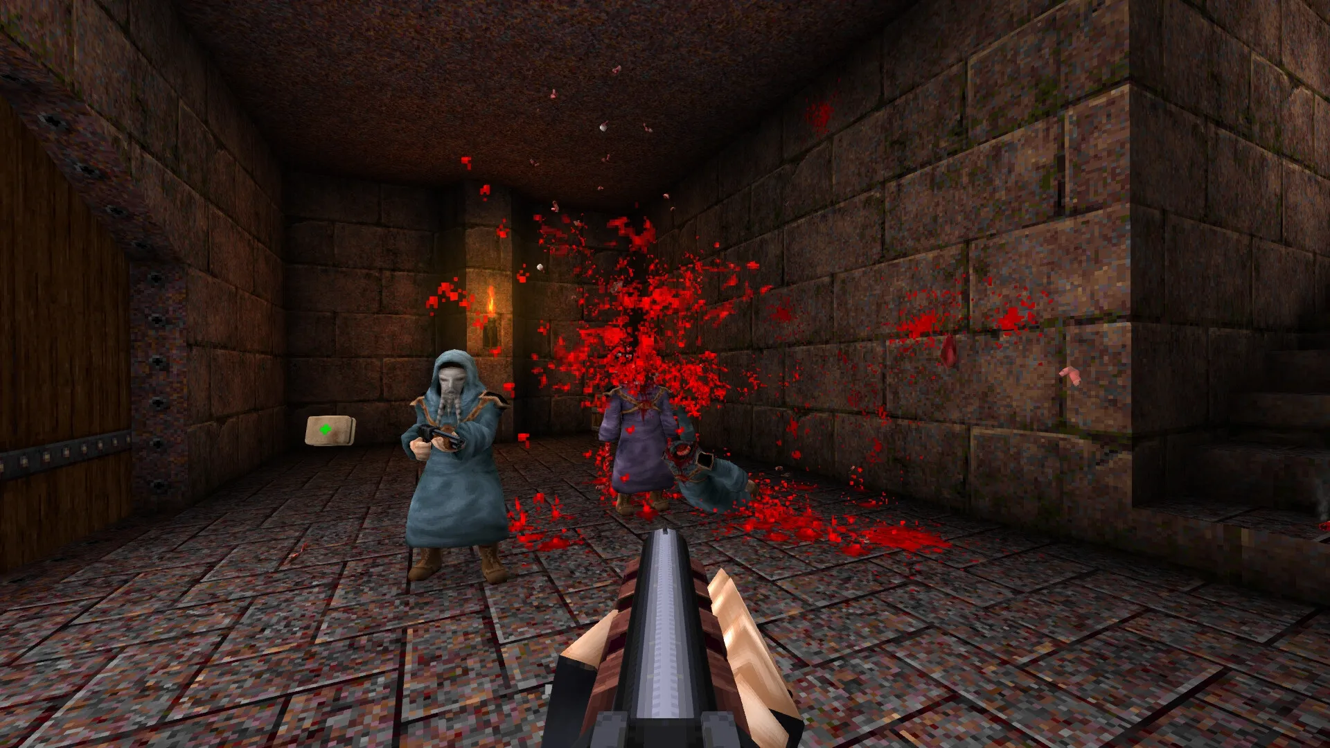 DISDAIN: First-person combat with two robed enemies in a dimly lit stone dungeon corridor.