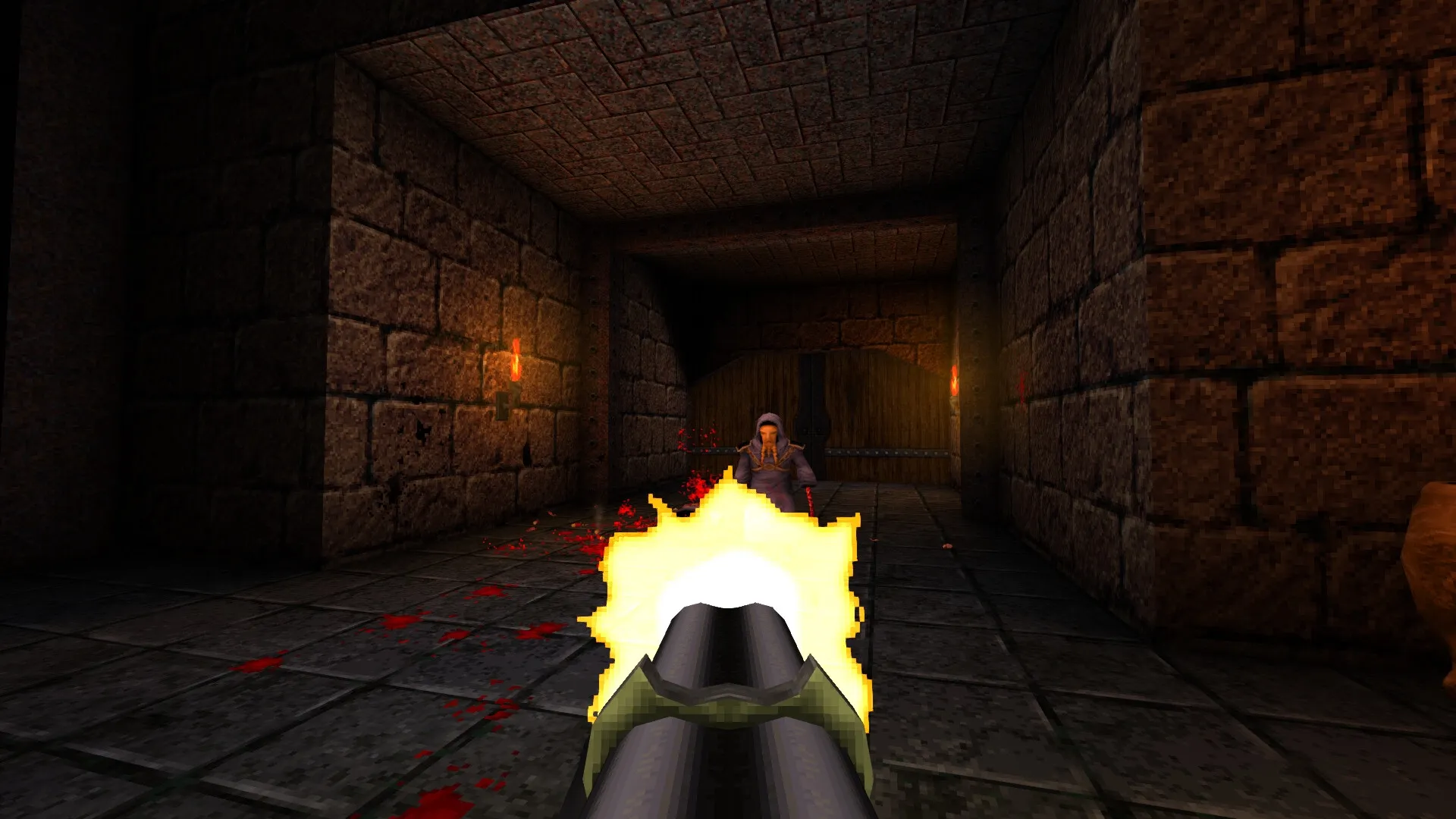 DISDAIN: First-person shooting at enemy in dimly lit stone corridor with torches on walls
