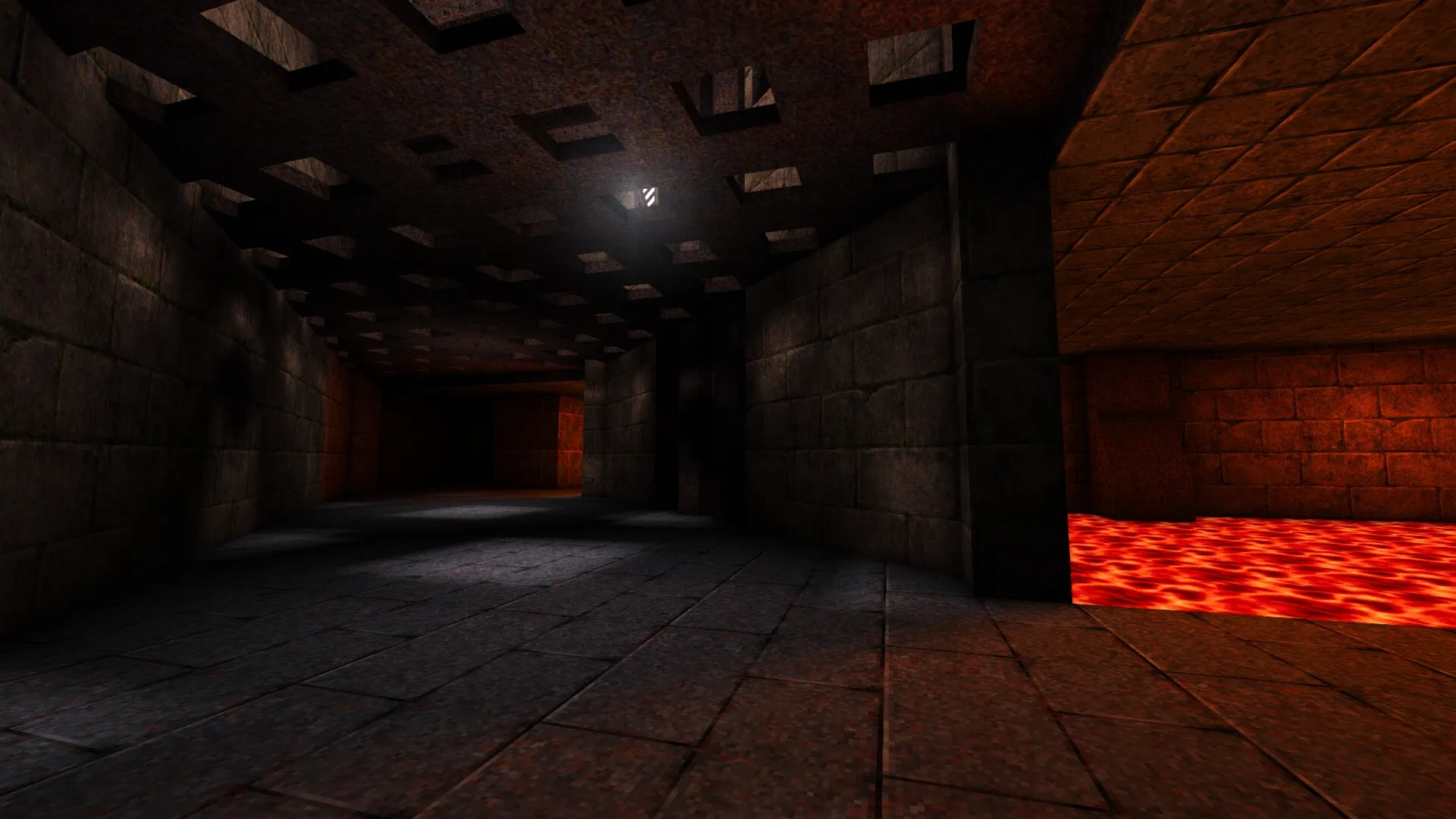 DISDAIN: Dark stone corridor with lava-filled chamber on the right, dimly lit by overhead openings