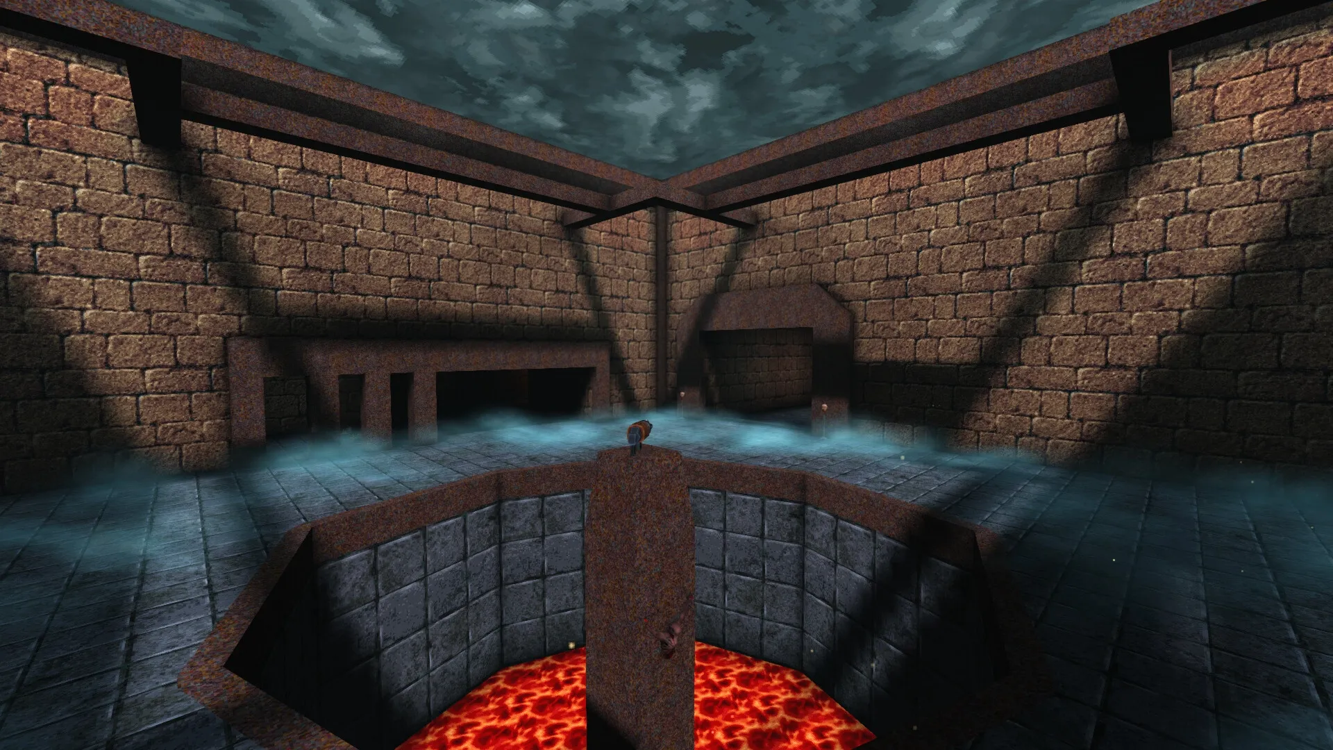 DISDAIN: Player navigates a stone-walled arena with lava pit at center under a stormy sky atmosphere.
