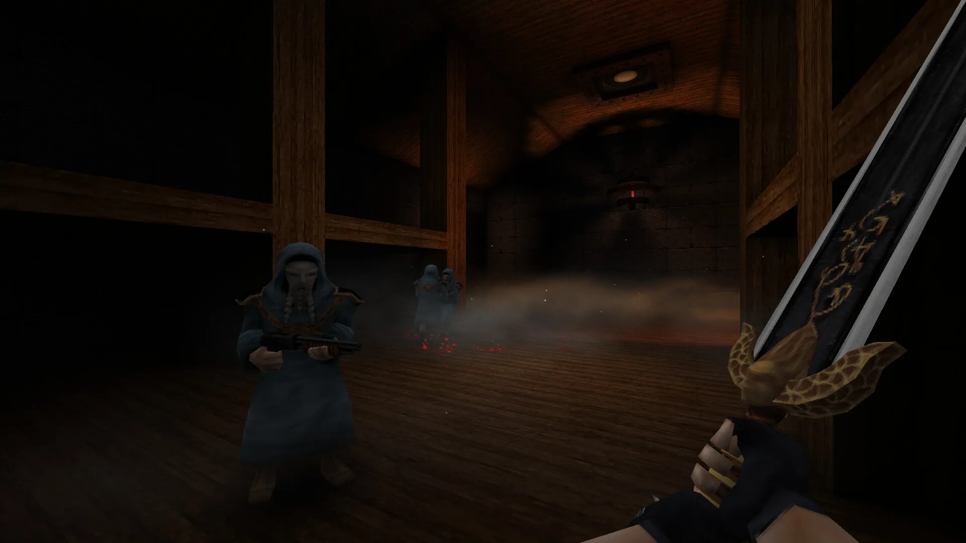 DISDAIN: Player wields ornate sword confronting hooded enemies in a dimly lit wooden corridor.