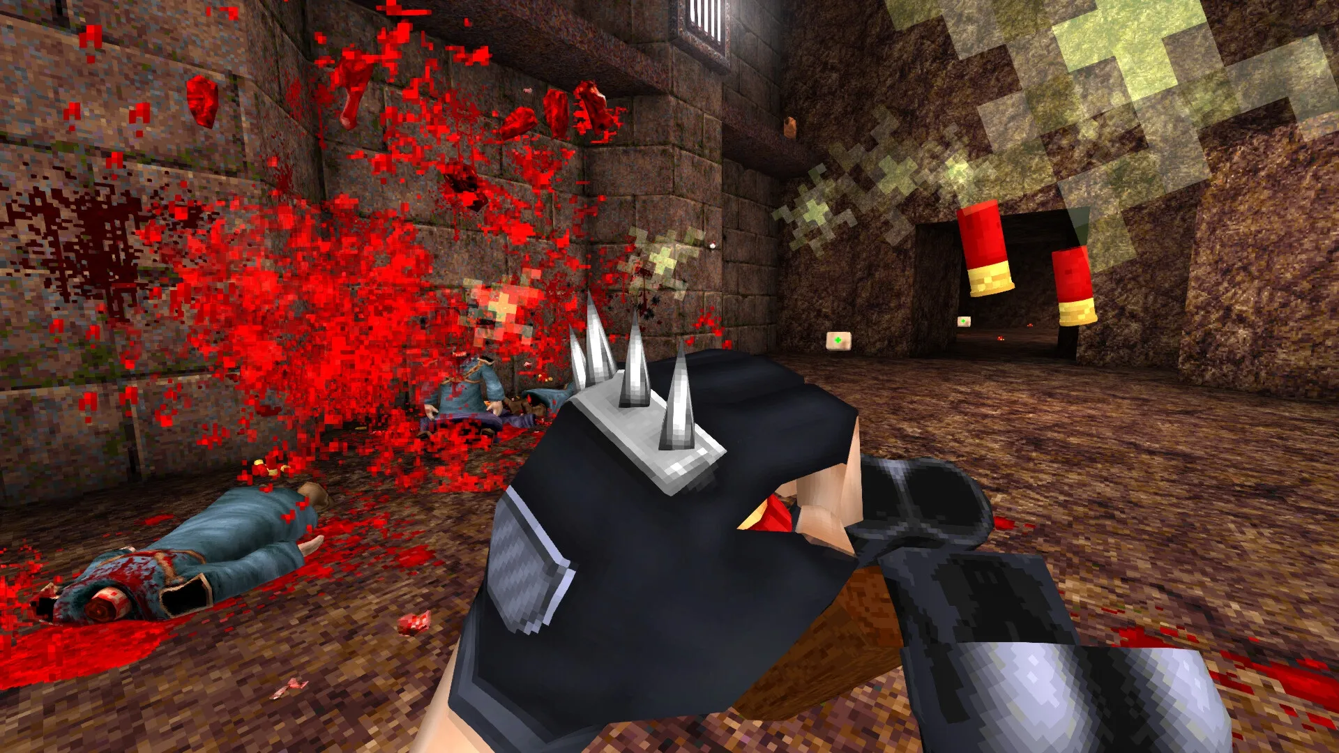 DISDAIN: Spiked glove melee attack in a bloody stone corridor with fallen enemies and health pickup nearby
