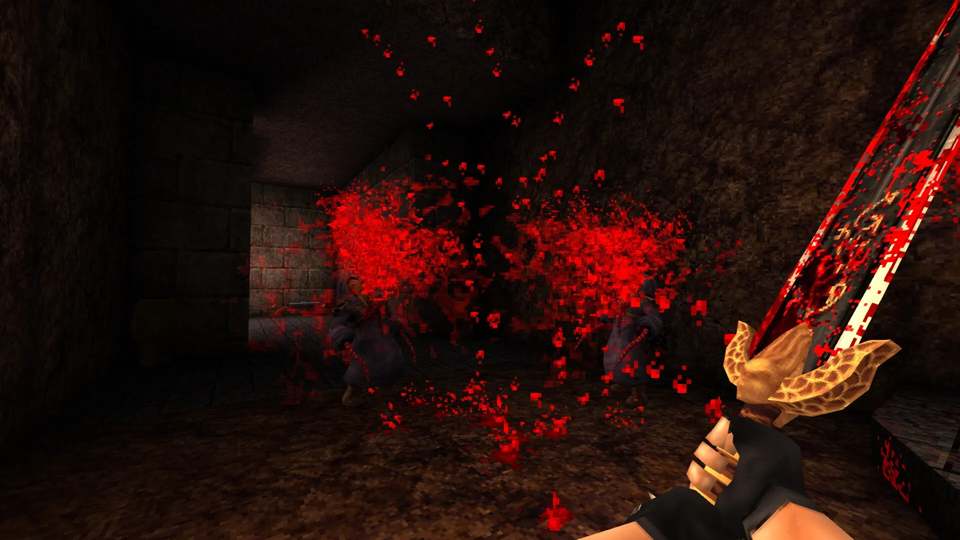 DISDAIN: Player attacks enemies with sword in dark stone corridor, red pixelated blood splatters around.