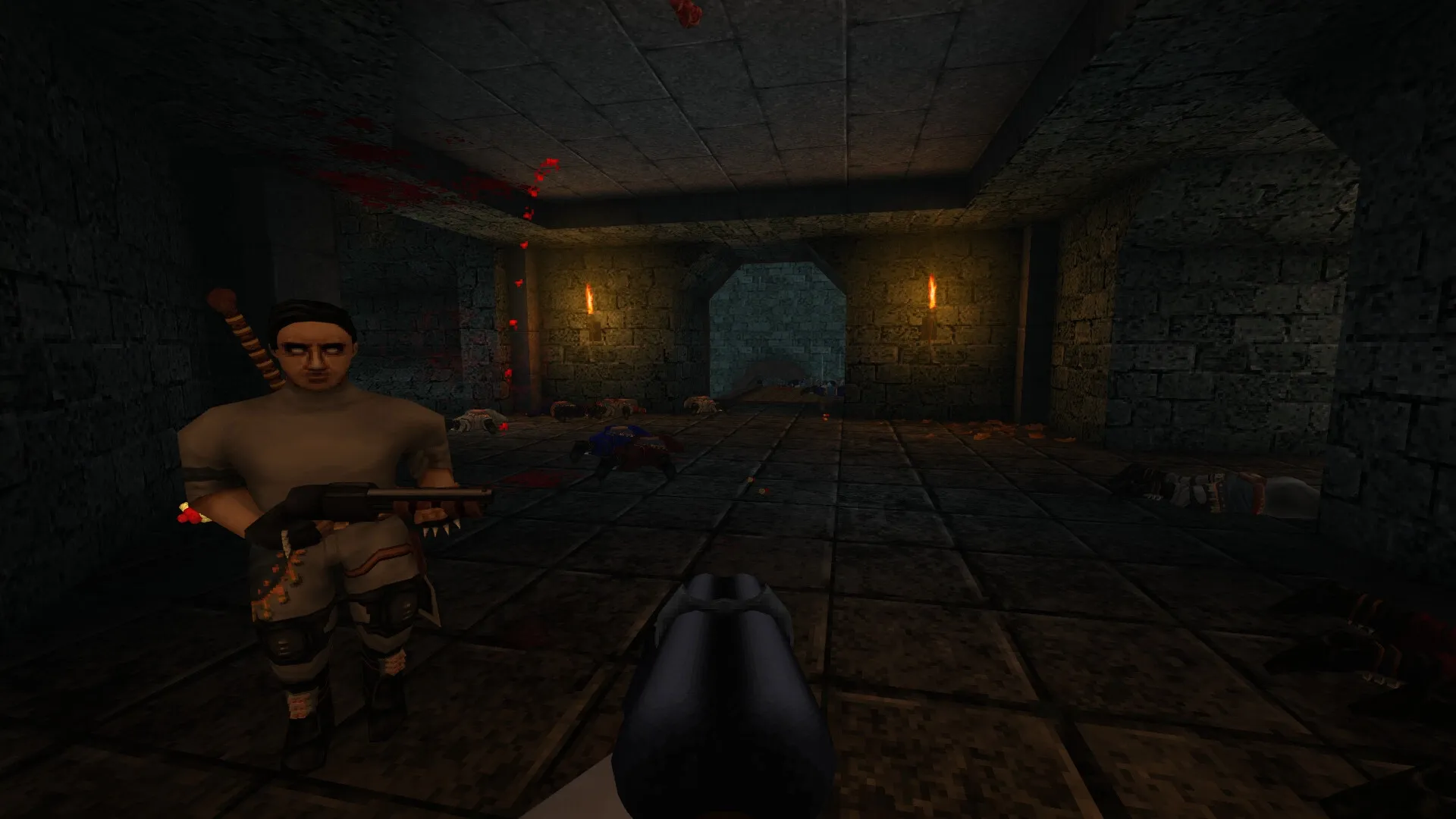 DISDAIN: First-person view in dimly lit dungeon with enemy corpses and armed character nearby