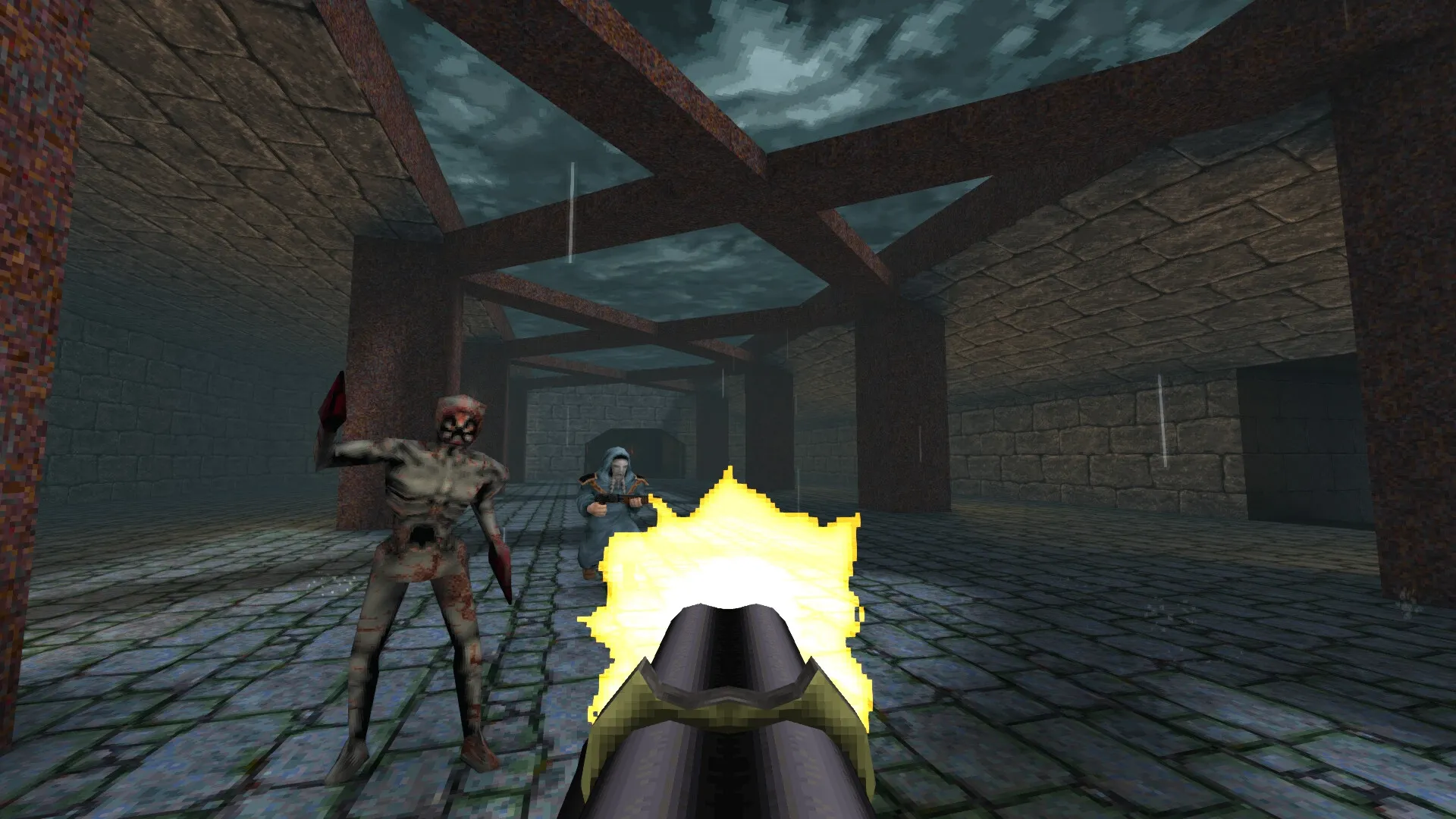 DISDAIN: First-person combat with two enemies in a dimly lit stone corridor with overhead beams.