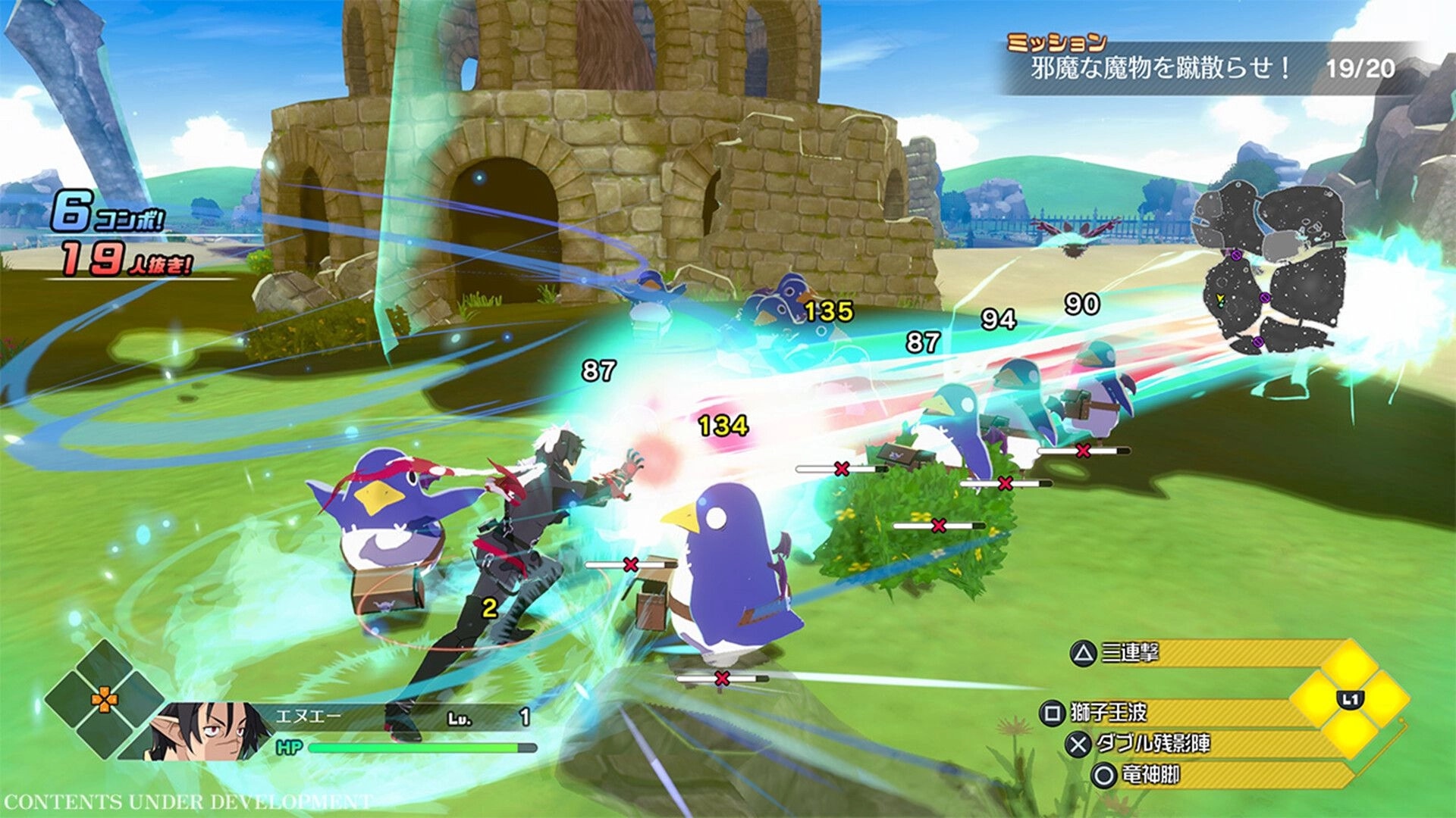 Disgaea Mayhem: Combo attack hits penguin foes with damage numbers outside a stone ruin mission UI.