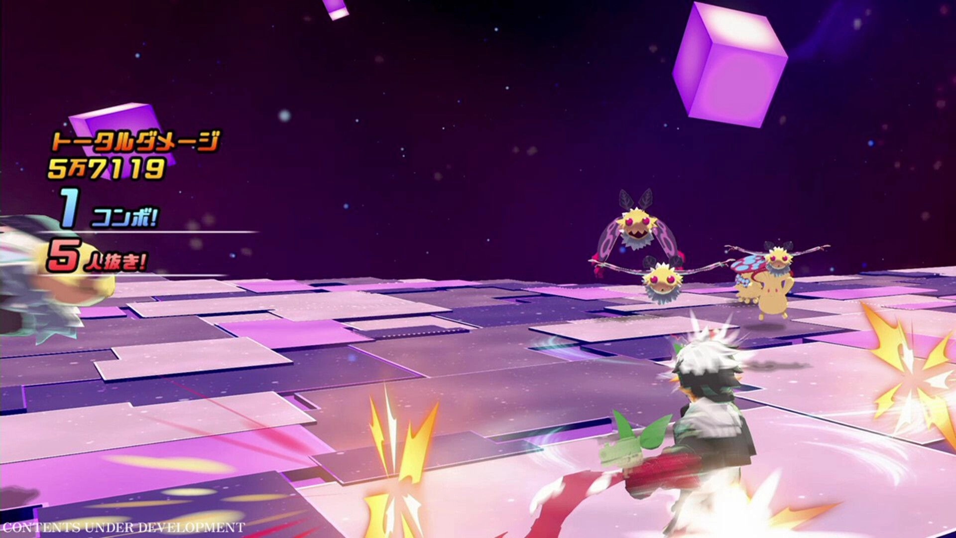 Disgaea Mayhem: Player attacks flying moth foes with damage and combo UI on a neon space arena.
